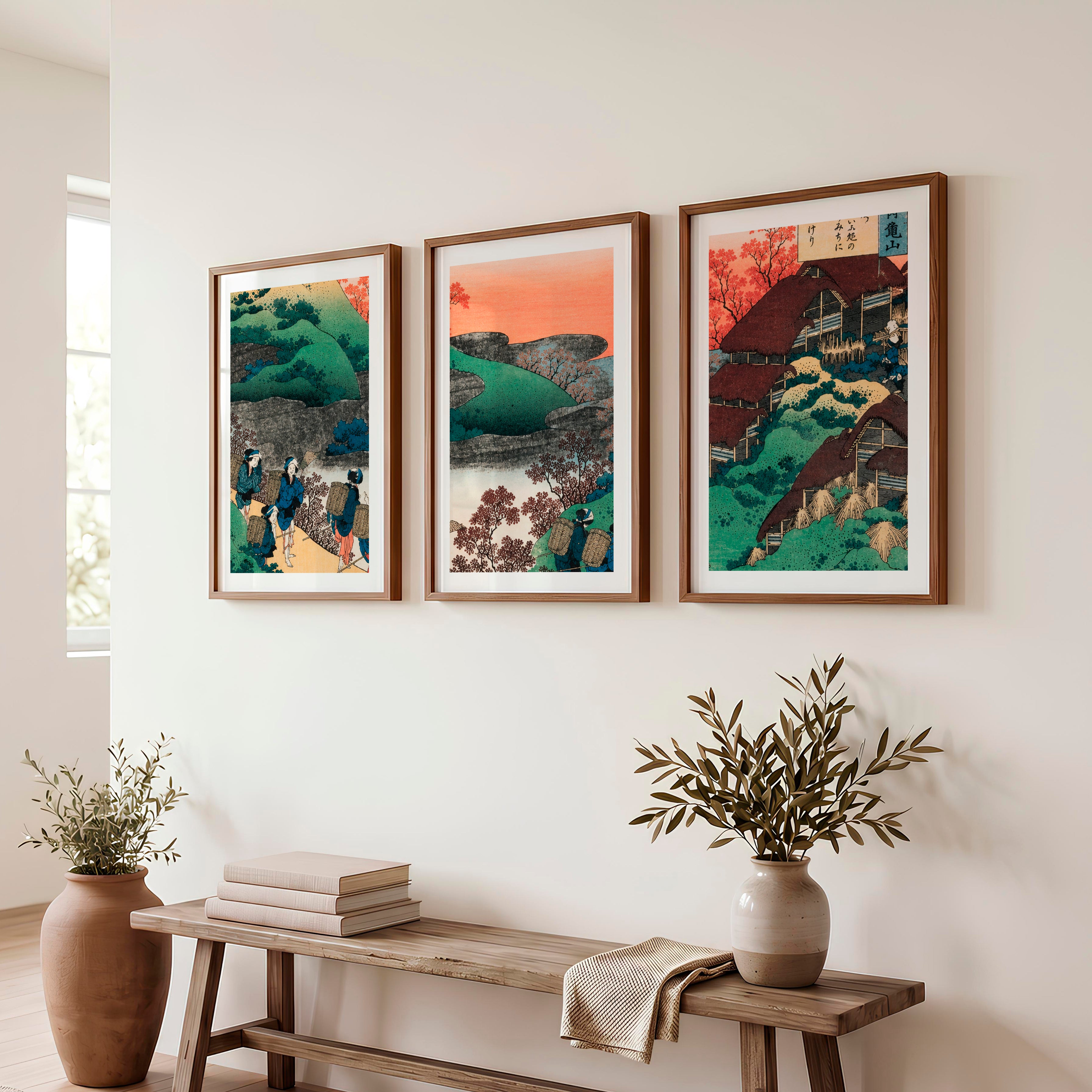 Japanese Prints for Sale Featuring Mountain Waterfall Landscapes - Dark Brown Framed Poster with White Border - Artworksets