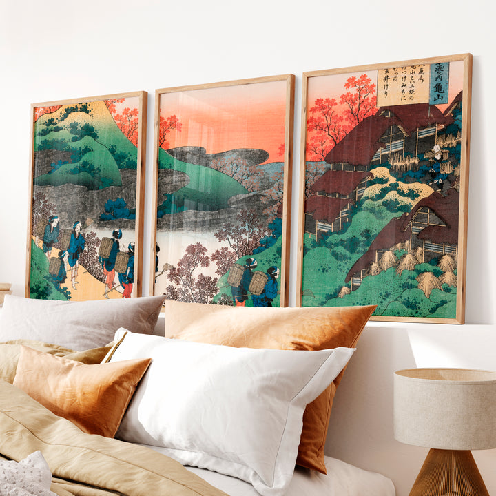 Japanese Prints for Sale Featuring Mountain Waterfall Landscapes - Natural Wood Framed Poster No Border - Artworksets