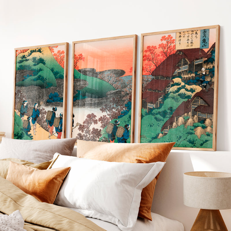 Japanese Prints for Sale Featuring Mountain Waterfall Landscapes - Natural Wood Framed Poster No Border - Artworksets