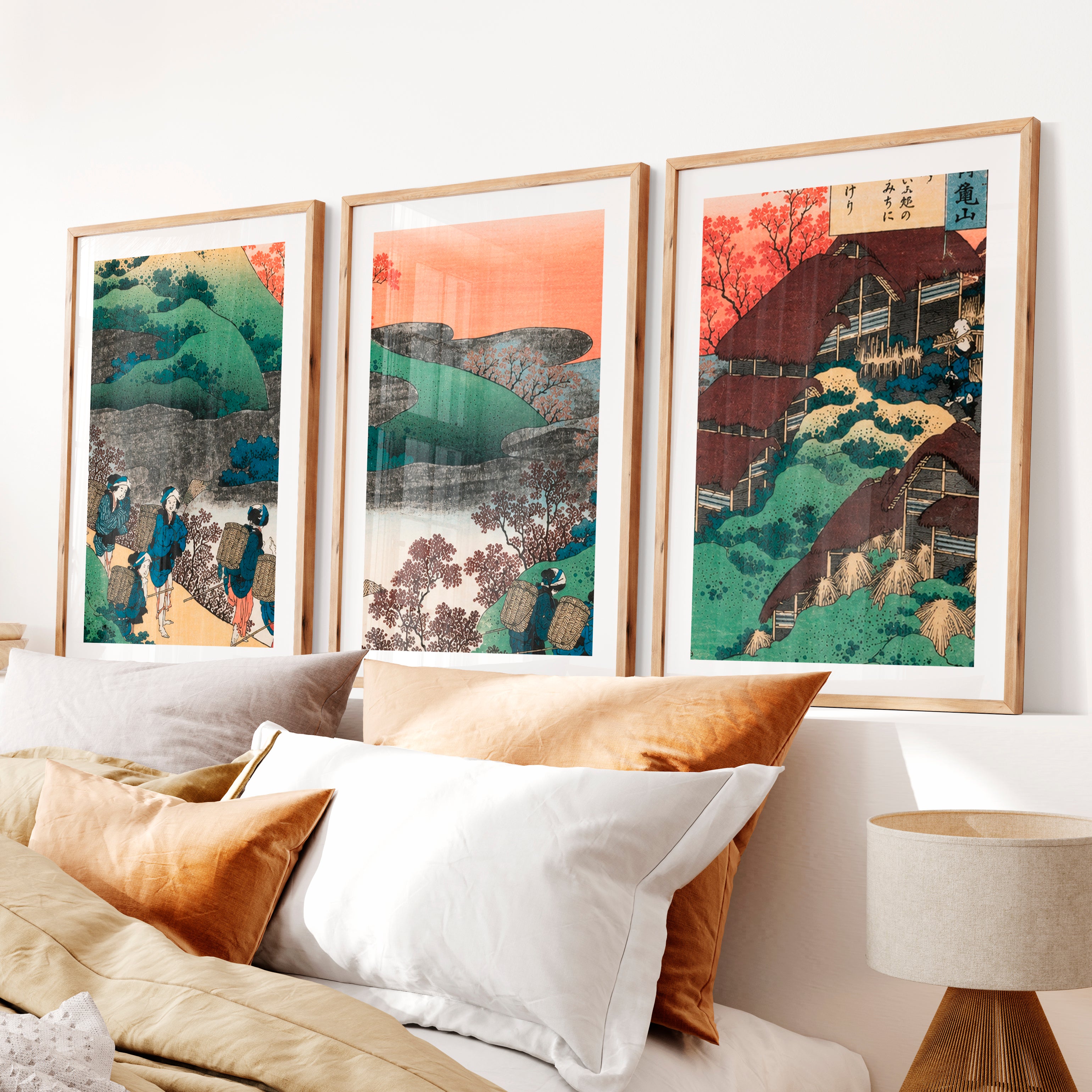 Japanese Prints for Sale Featuring Mountain Waterfall Landscapes- Natural Wood Framed Poster with White Border - Artworksets