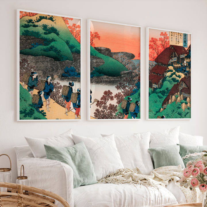 Japanese Prints for Sale Featuring Mountain Waterfall Landscapes - White Framed Poster No Border - Artworksets