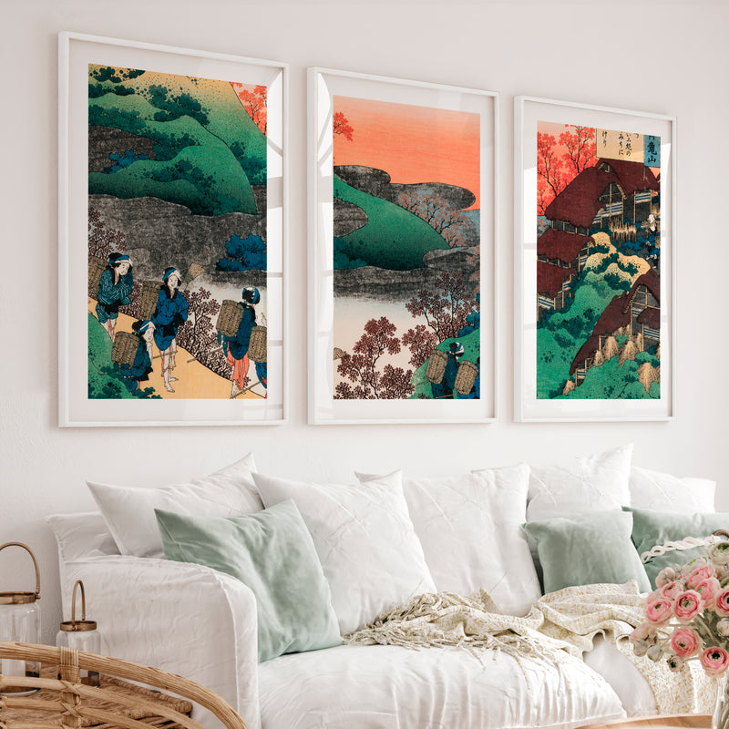 Japanese Prints for Sale Featuring Mountain Waterfall Landscapes - White Framed Poster with White Border - Artworksets
