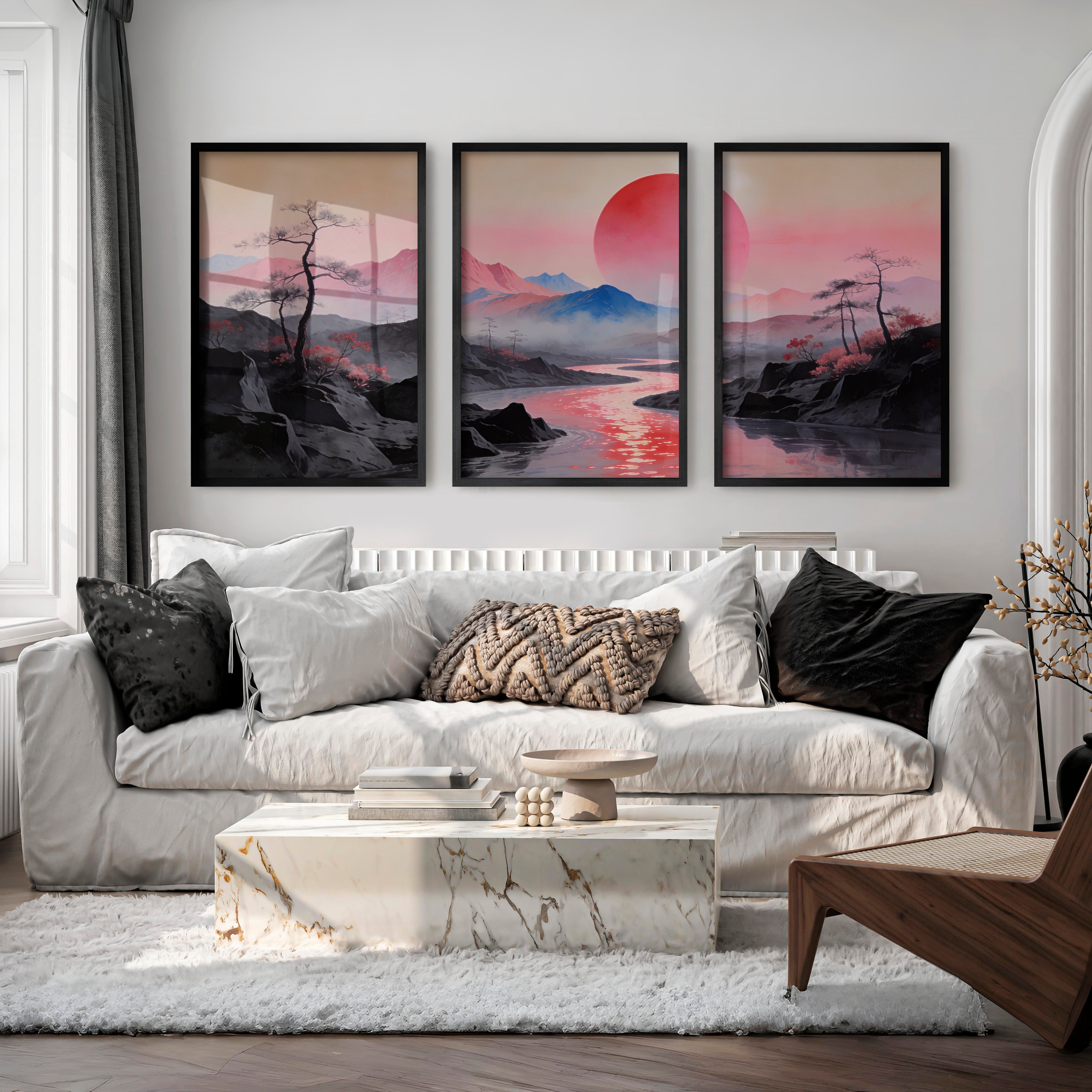 Pink Sun River Valley in japanese scandinavian design - Black Framed Poster No Border - Artworksets