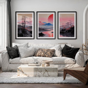 Pink Sun River Valley in japanese scandinavian design - Black Framed Poster with White Border - Artworksets