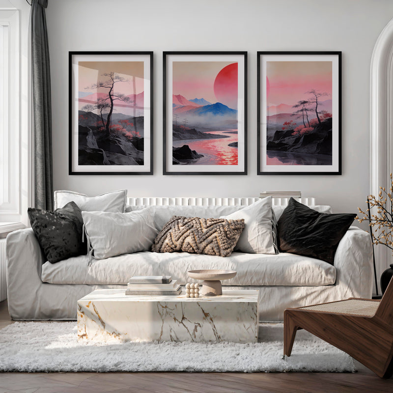 Pink Sun River Valley in japanese scandinavian design - Black Framed Poster with White Border - Artworksets