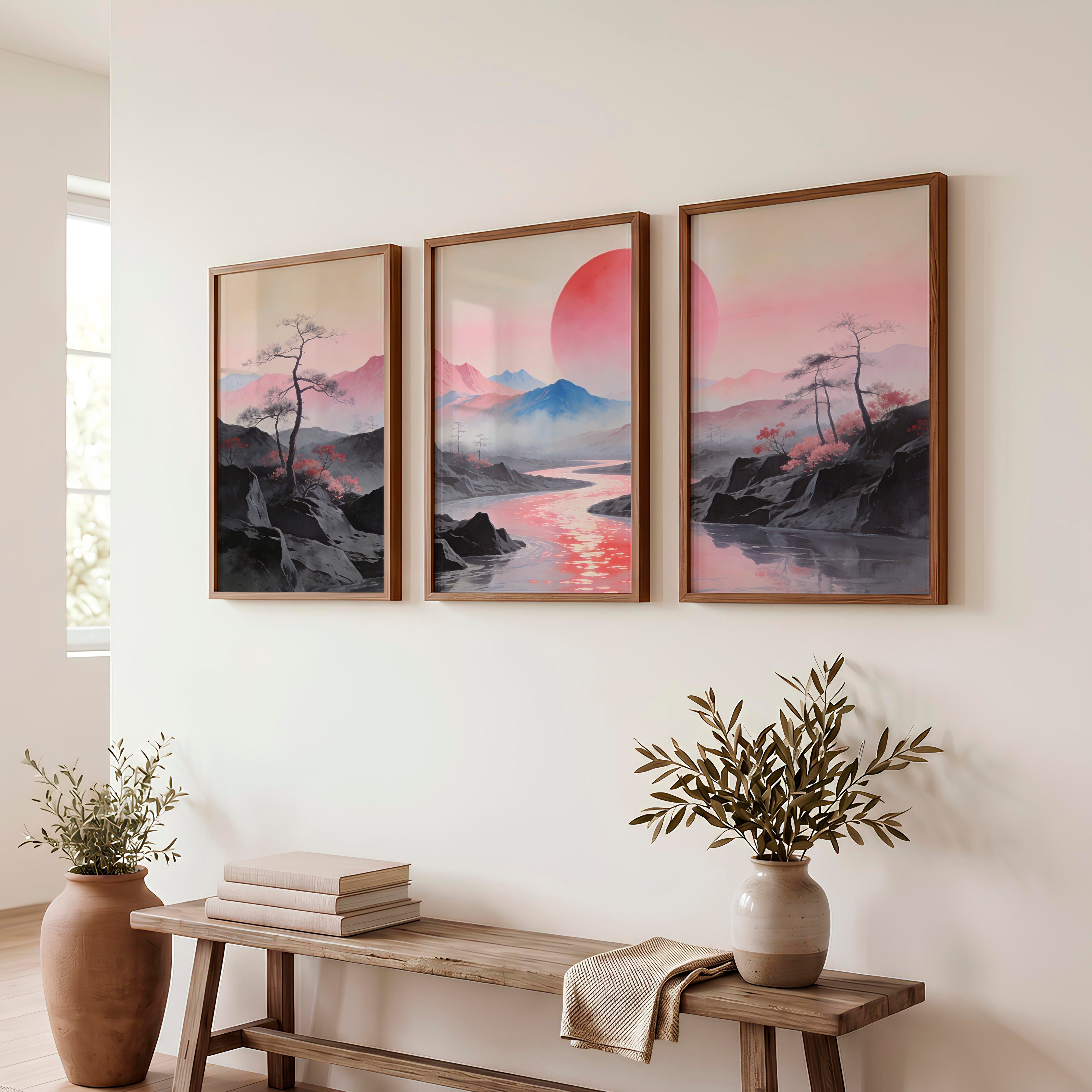 Pink Sun River Valley in japanese scandinavian design - Dark Brown Framed Poster No Border - Artworksets