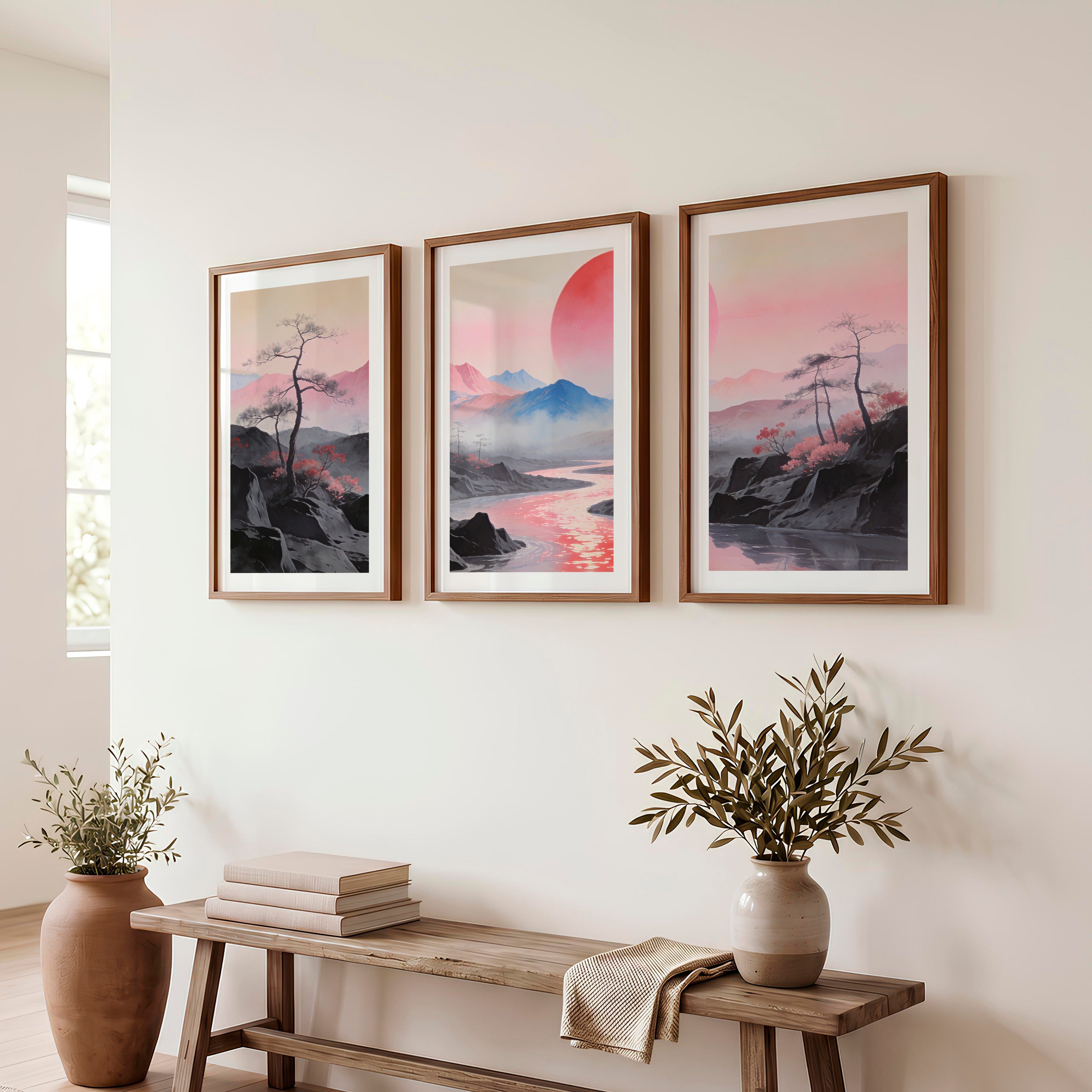 Pink Sun River Valley in japanese scandinavian design - Dark Brown Framed Poster with White Border - Artworksets