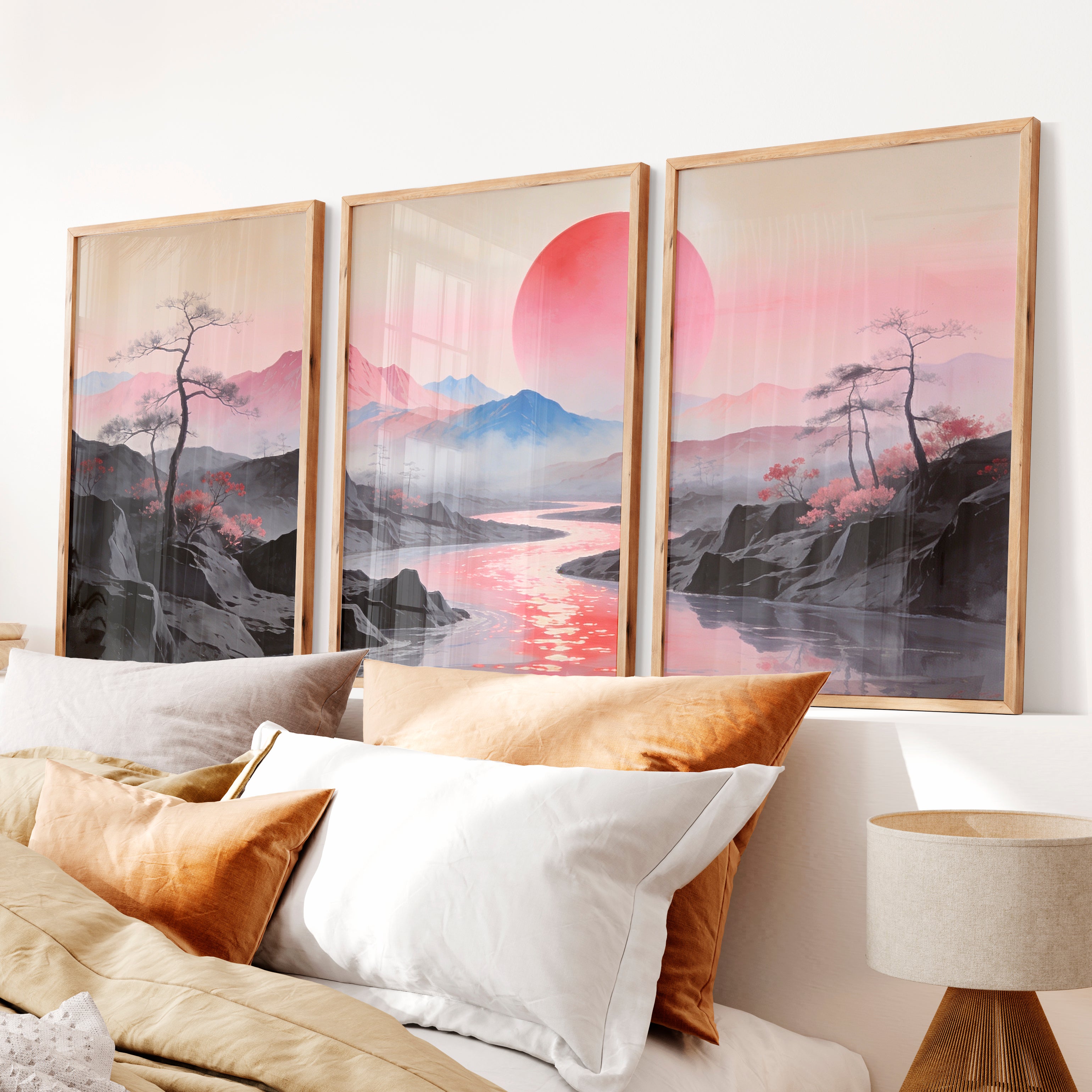 Pink Sun River Valley in japanese scandinavian design - Natural Wood Framed Poster No Border - Artworksets