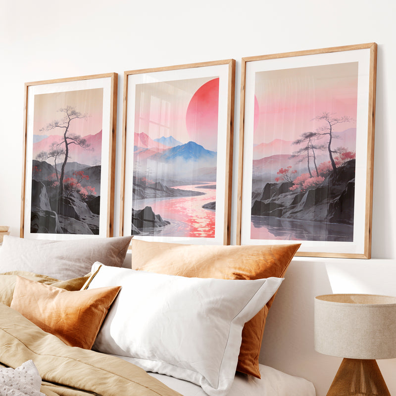 Pink Sun River Valley in japanese scandinavian design- Natural Wood Framed Poster with White Border - Artworksets