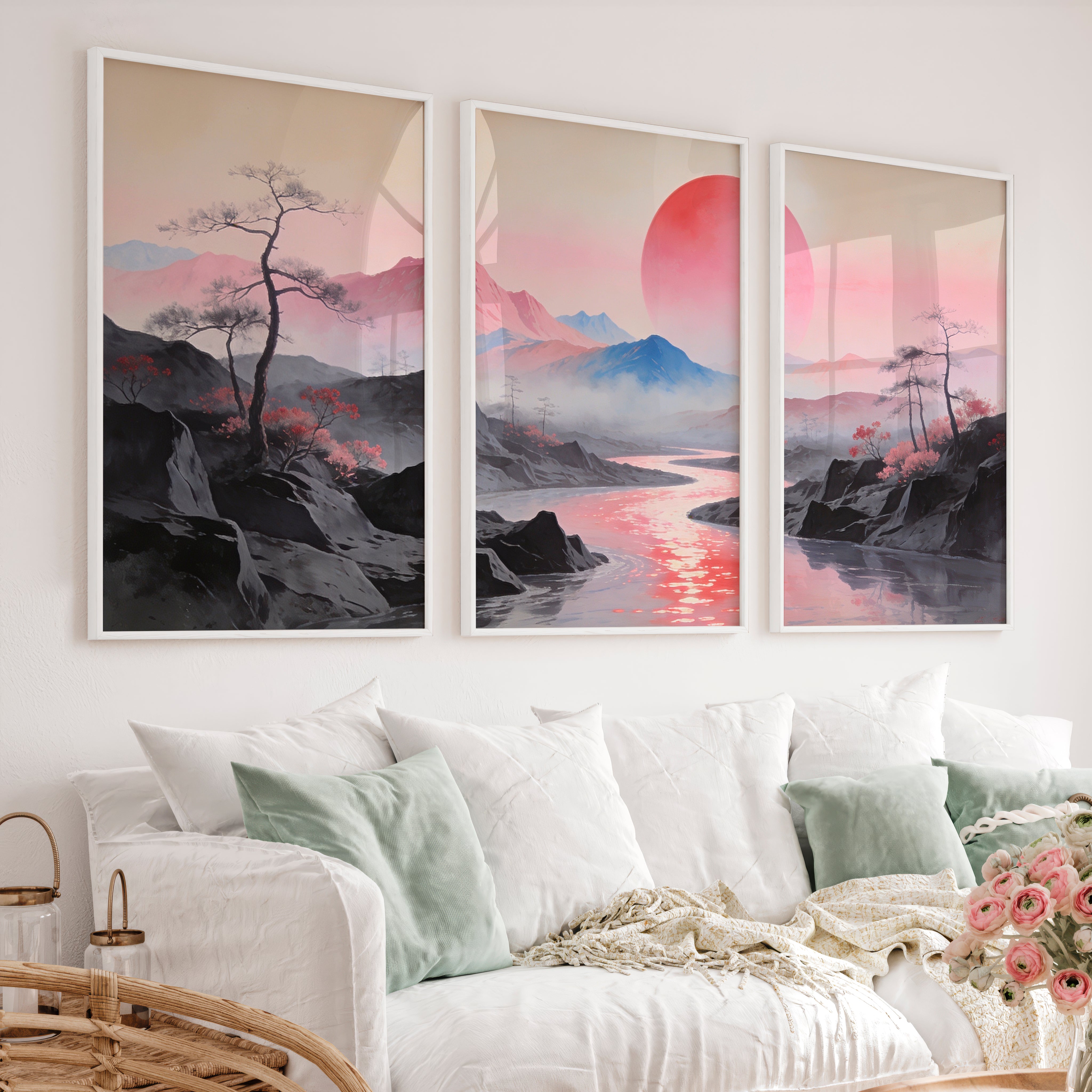 Pink Sun River Valley in japanese scandinavian design - White Framed Poster No Border - Artworksets