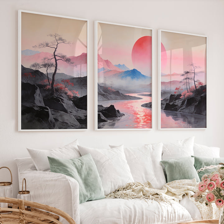 Pink Sun River Valley in japanese scandinavian design - White Framed Poster No Border - Artworksets