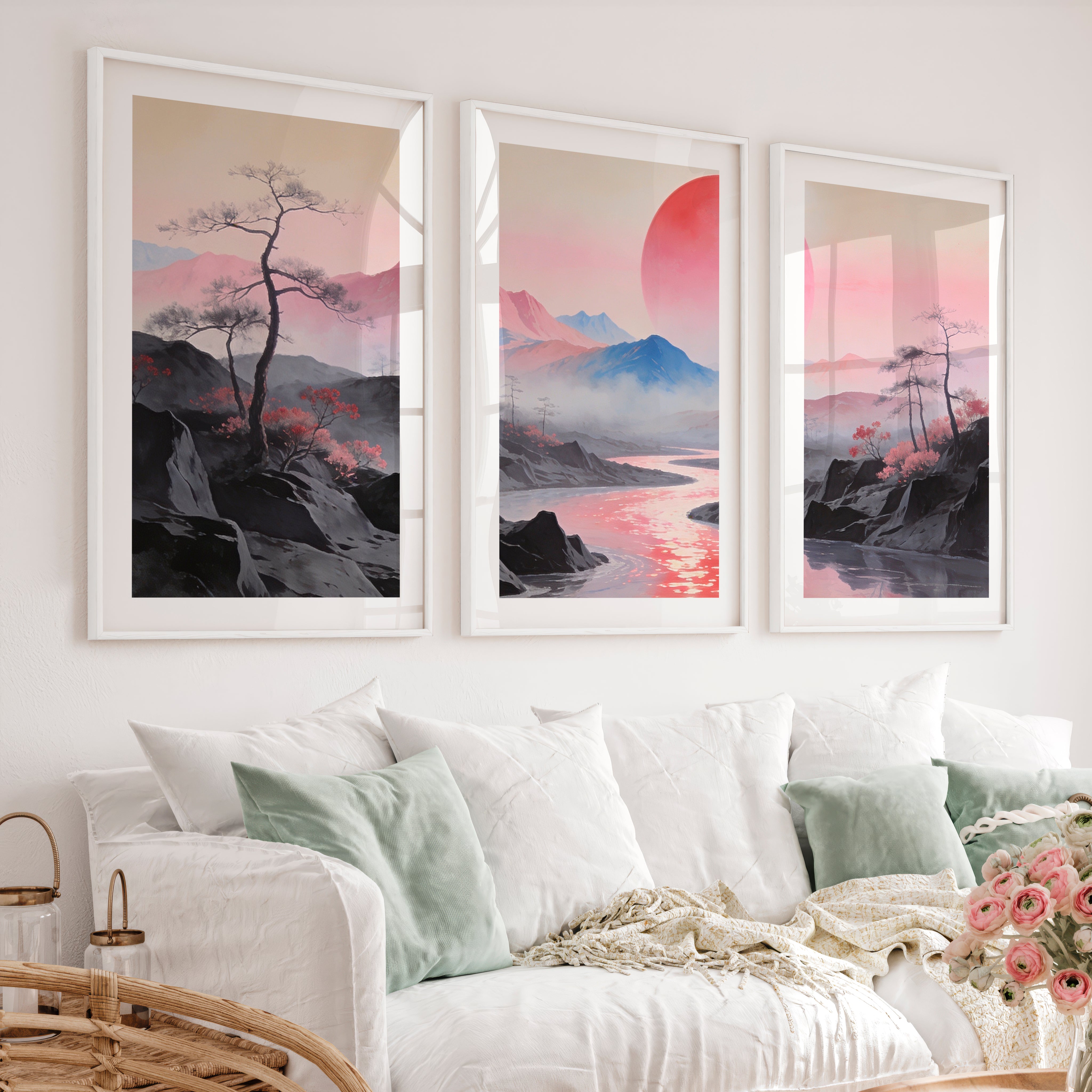 Pink Sun River Valley in japanese scandinavian design - White Framed Poster with White Border - Artworksets