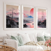 Pink Sun River Valley in japanese scandinavian design - White Framed Poster with White Border - Artworksets