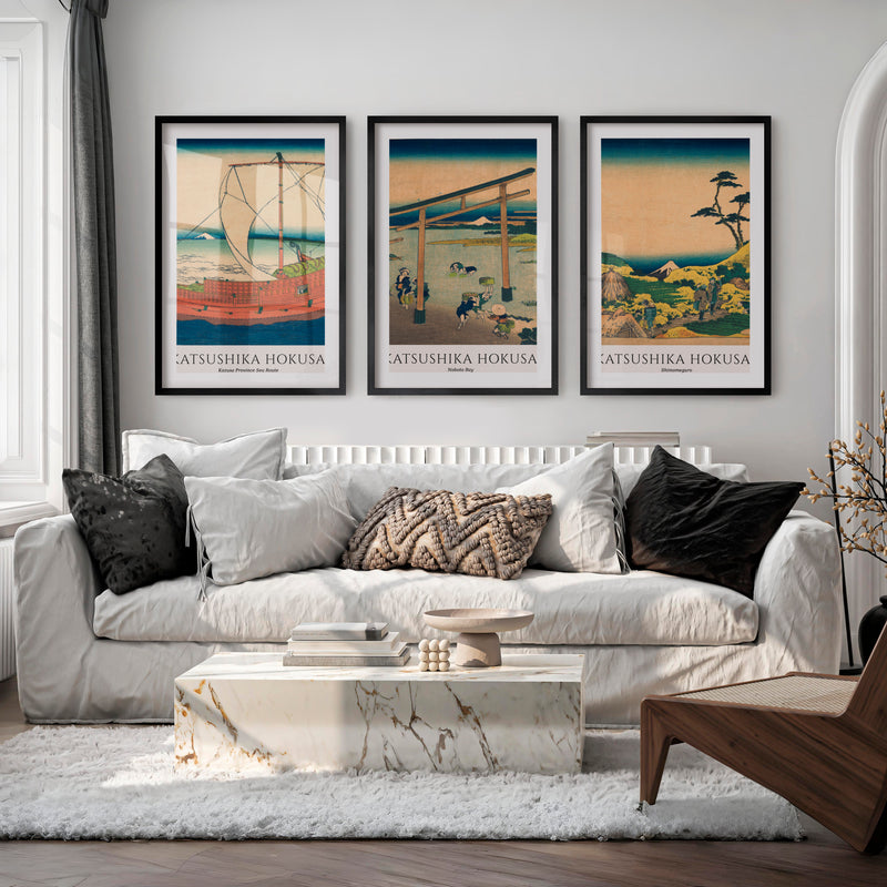 Hokusai Fuji Japanese Style Art Prints - Black Framed Poster with White Border - Artworksets