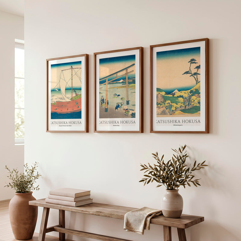 Hokusai Fuji Japanese Style Art Prints - Dark Brown Framed Poster with White Border - Artworksets