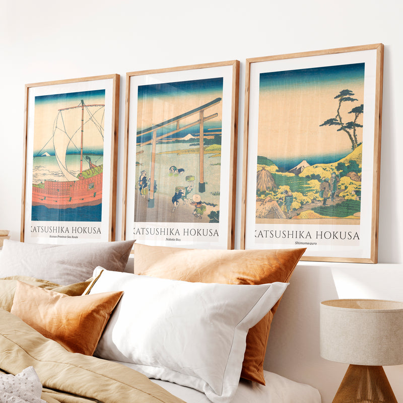 Hokusai Fuji Japanese Style Art Prints- Natural Wood Framed Poster with White Border - Artworksets