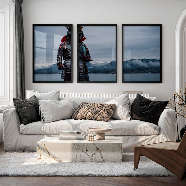 Cherry Blossom Lake Japanese Style Artwork Triptych - Black Framed Poster No Border - Artworksets