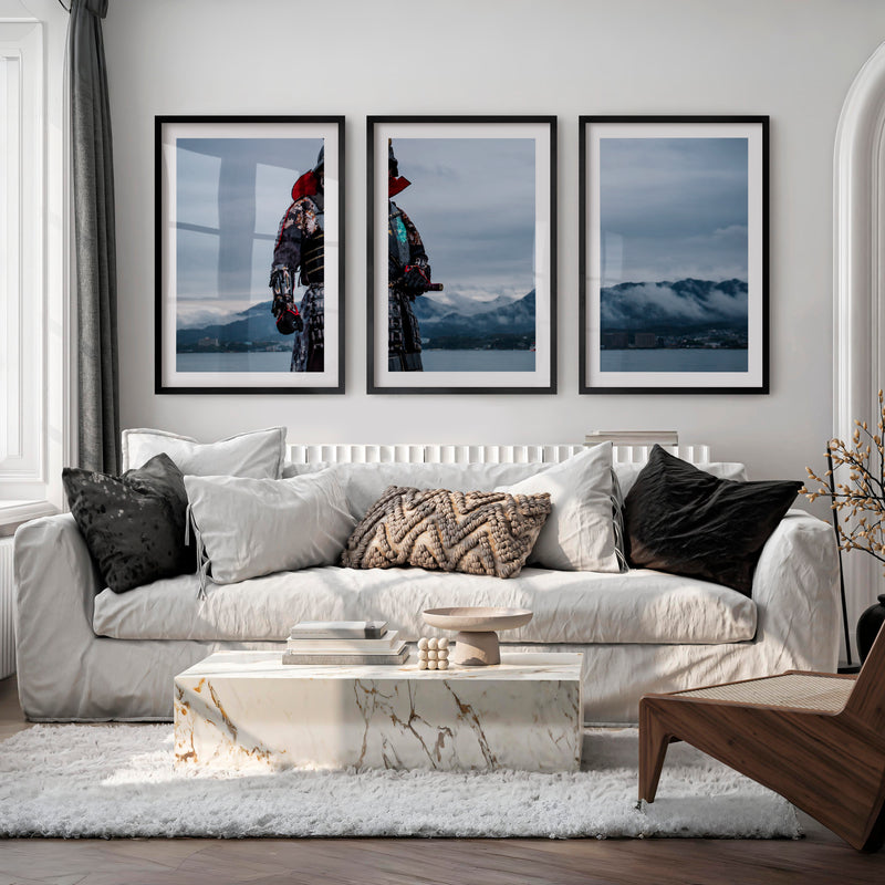 Cherry Blossom Lake Japanese Style Artwork Triptych - Black Framed Poster with White Border - Artworksets