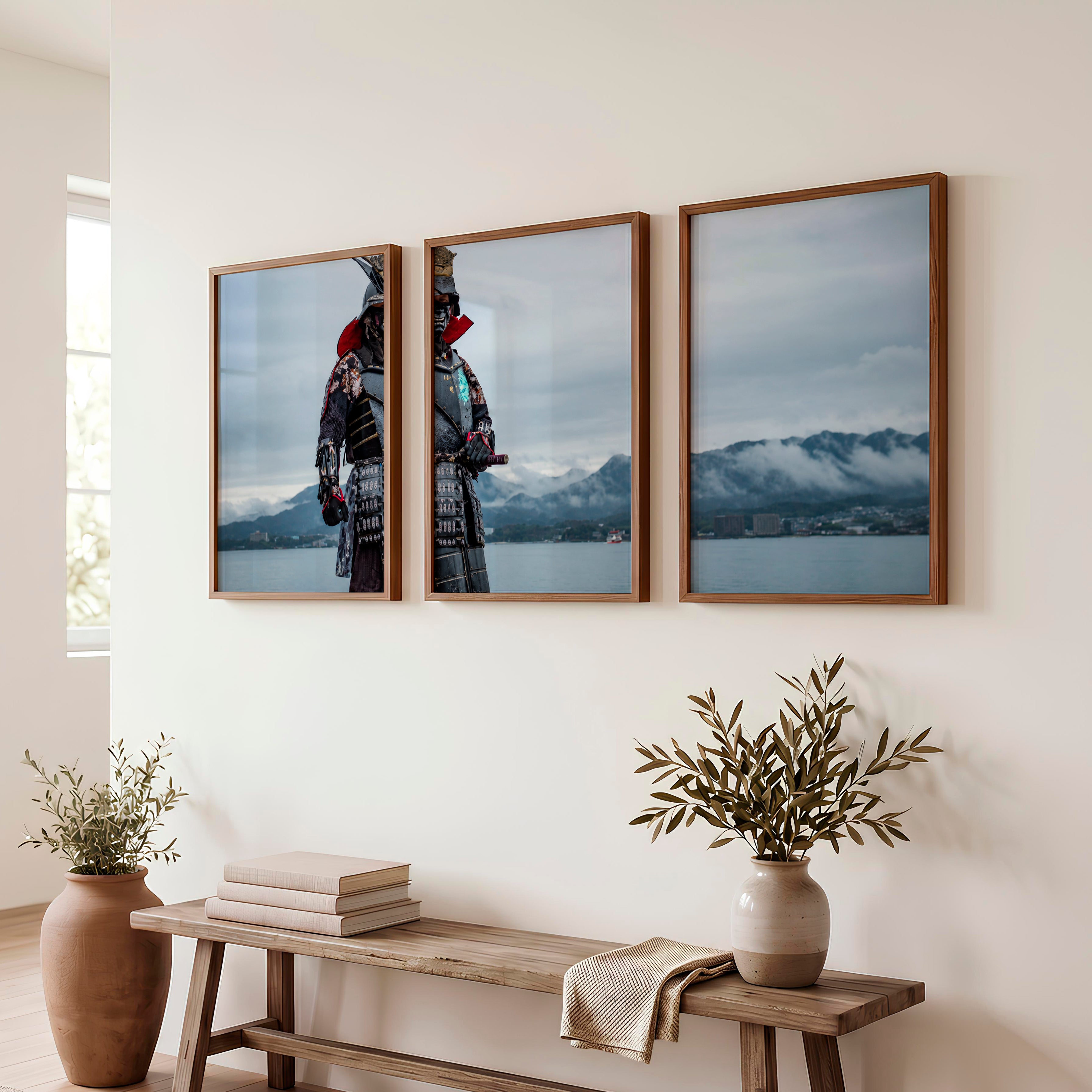 Cherry Blossom Lake Japanese Style Artwork Triptych - Dark Brown Framed Poster No Border - Artworksets