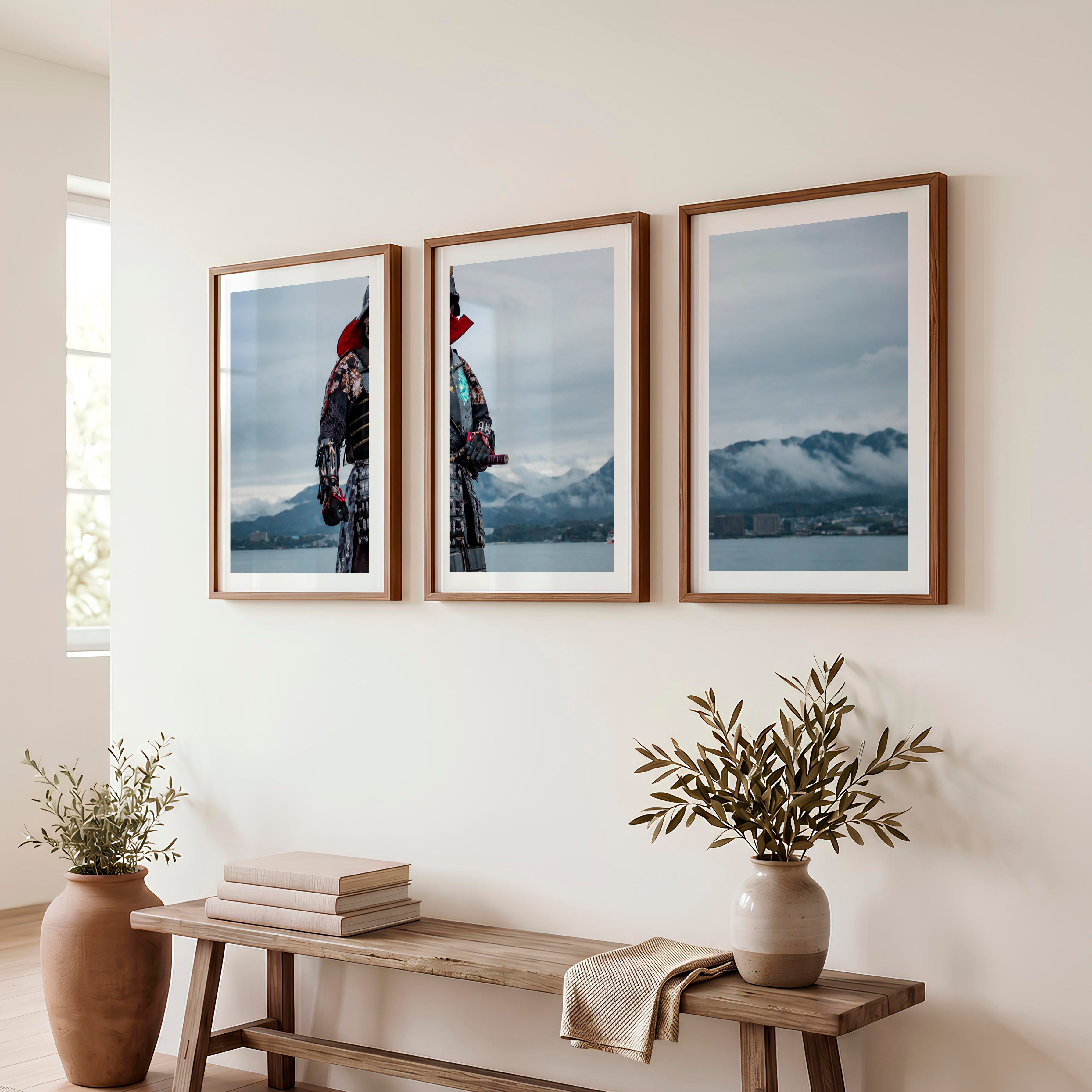 Cherry Blossom Lake Japanese Style Artwork Triptych - Dark Brown Framed Poster with White Border - Artworksets