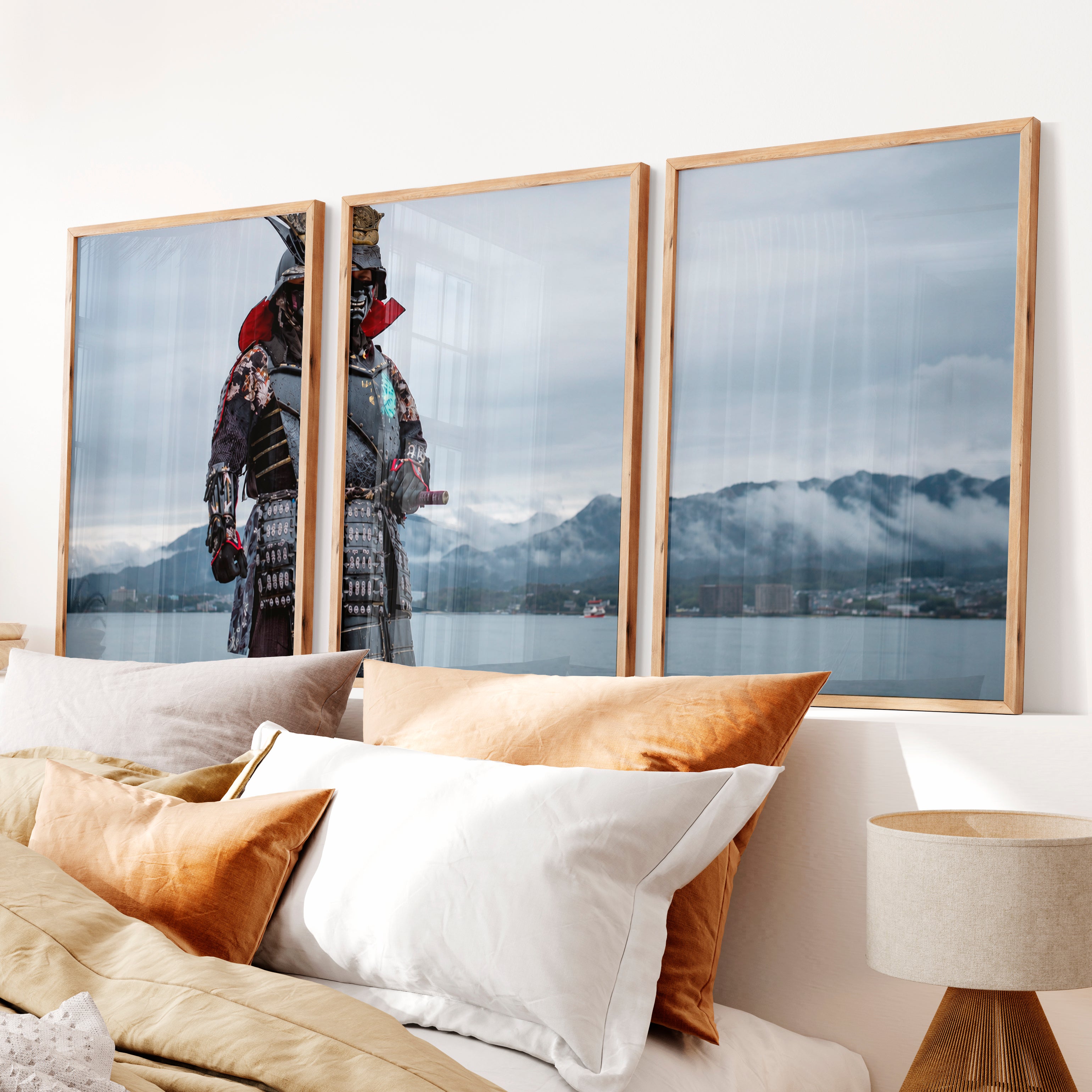 Cherry Blossom Lake Japanese Style Artwork Triptych - Natural Wood Framed Poster No Border - Artworksets