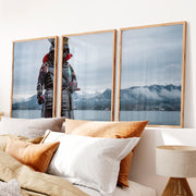 Cherry Blossom Lake Japanese Style Artwork Triptych - Natural Wood Framed Poster No Border - Artworksets