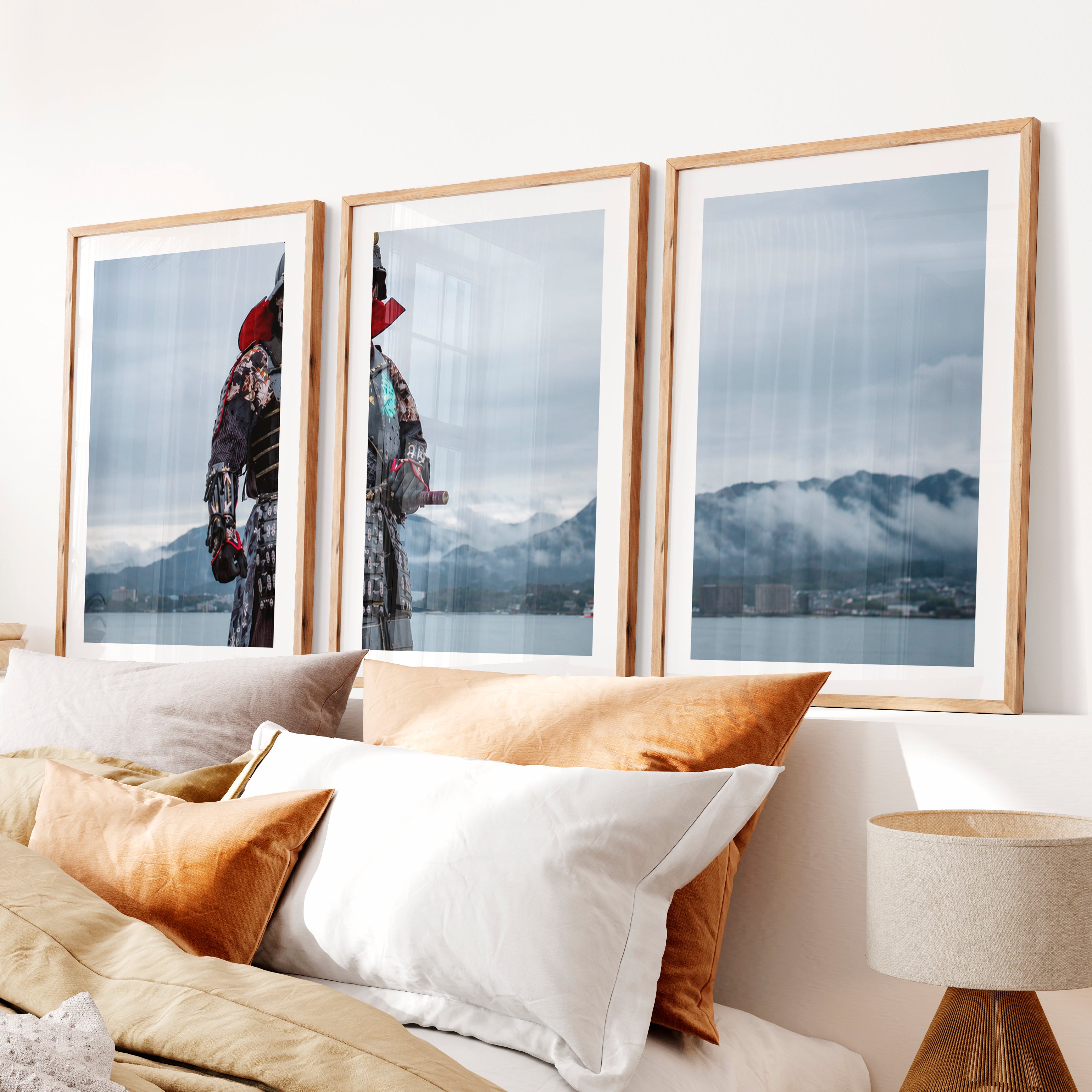 Cherry Blossom Lake Japanese Style Artwork Triptych- Natural Wood Framed Poster with White Border - Artworksets