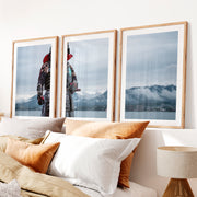 Cherry Blossom Lake Japanese Style Artwork Triptych- Natural Wood Framed Poster with White Border - Artworksets