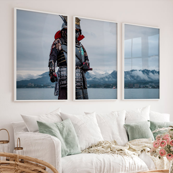 Cherry Blossom Lake Japanese Style Artwork Triptych - White Framed Poster No Border - Artworksets