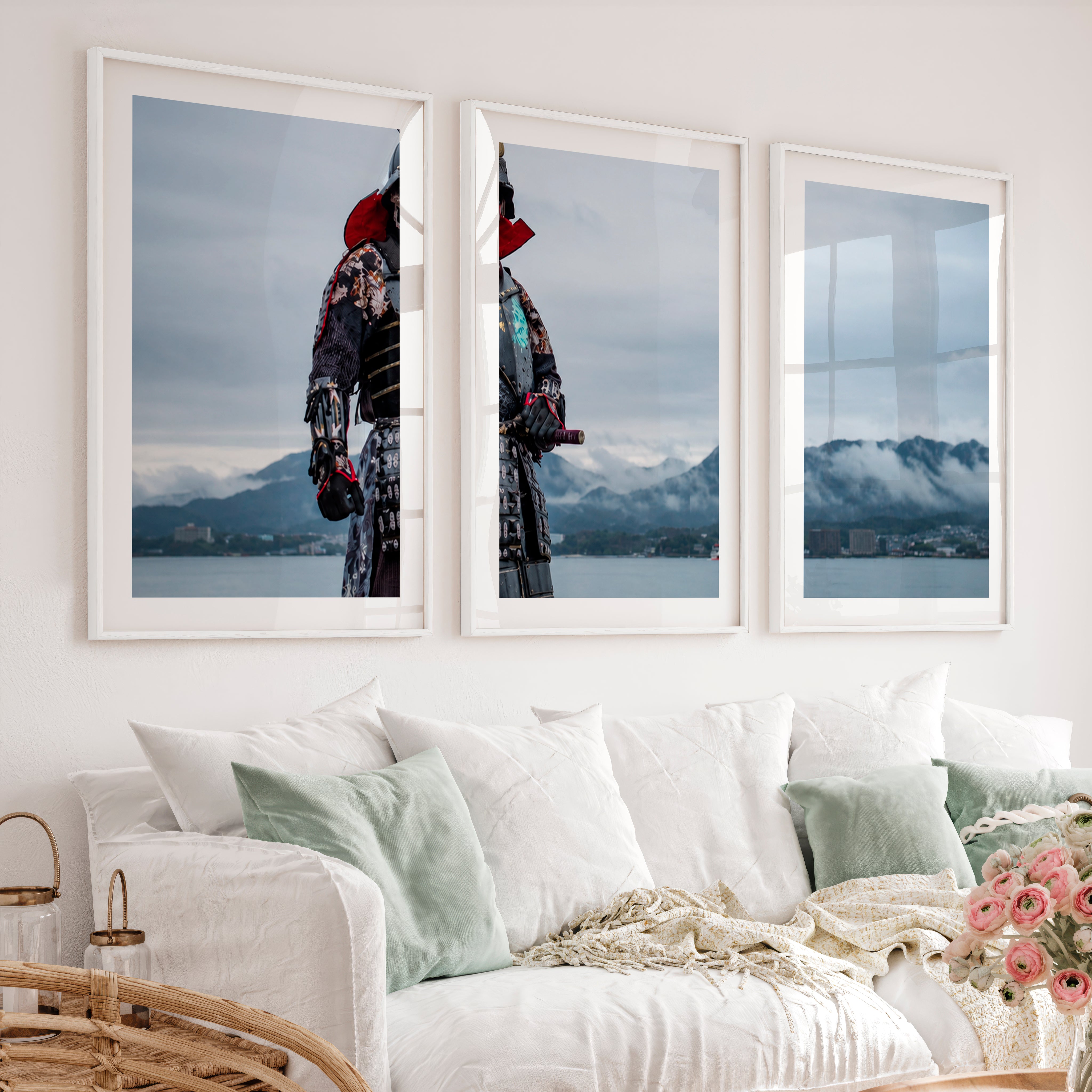 Cherry Blossom Lake Japanese Style Artwork Triptych - White Framed Poster with White Border - Artworksets