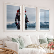 Cherry Blossom Lake Japanese Style Artwork Triptych - White Framed Poster with White Border - Artworksets