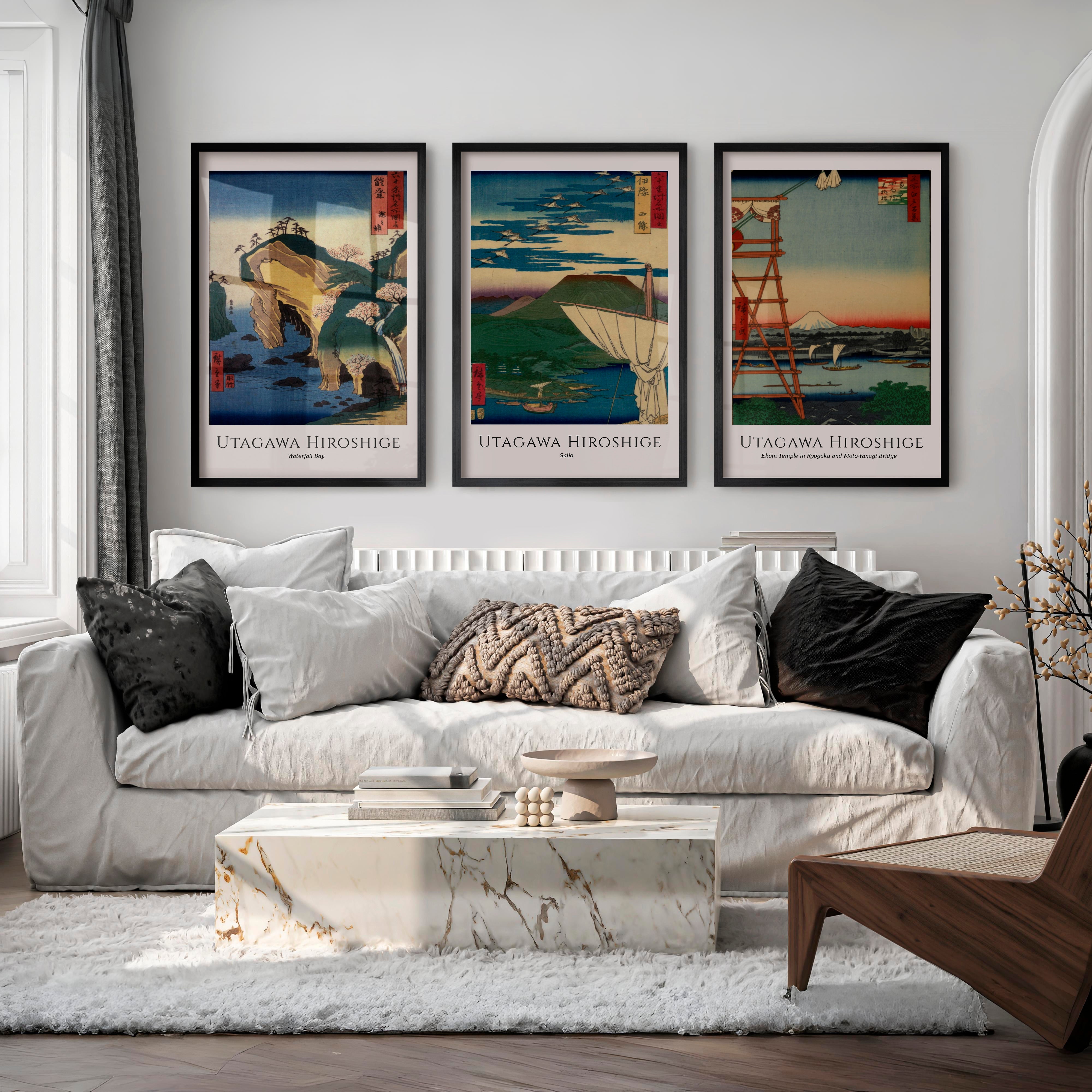 Hiroshige Bay and Fuji Japanese Style Artwork Set - Black Framed Poster No Border - Artworksets
