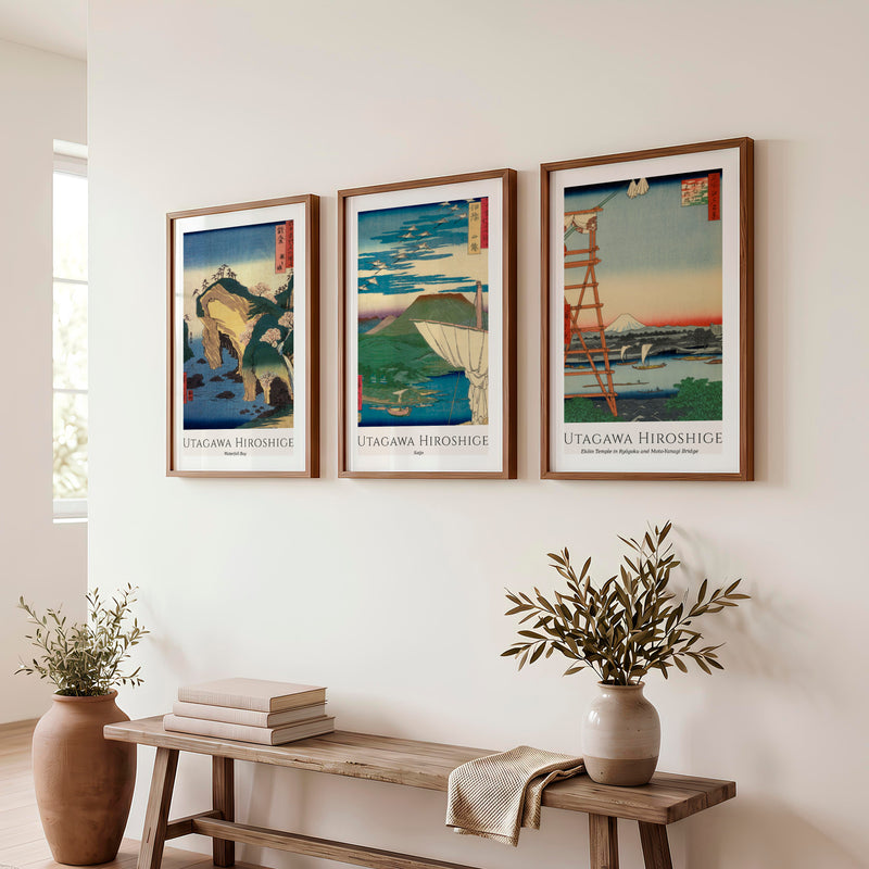 Hiroshige Bay and Fuji Japanese Style Artwork Set - Dark Brown Framed Poster with White Border - Artworksets