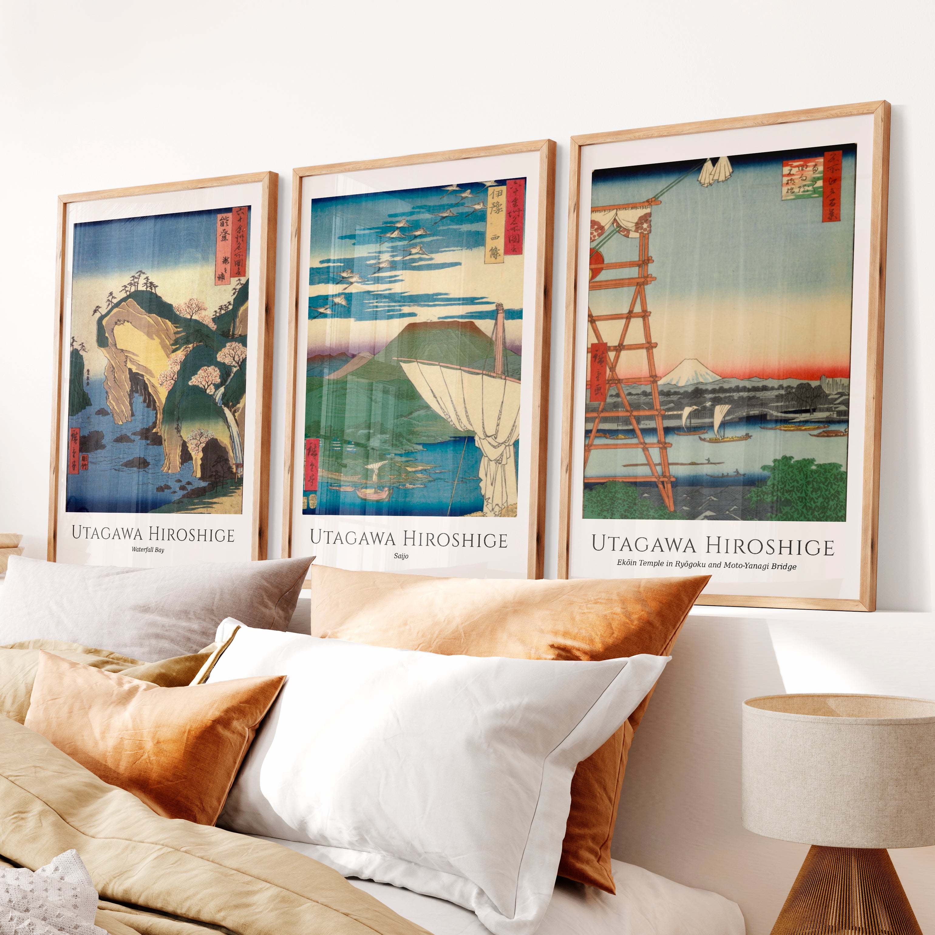 Hiroshige Bay and Fuji Japanese Style Artwork Set - Natural Wood Framed Poster No Border - Artworksets