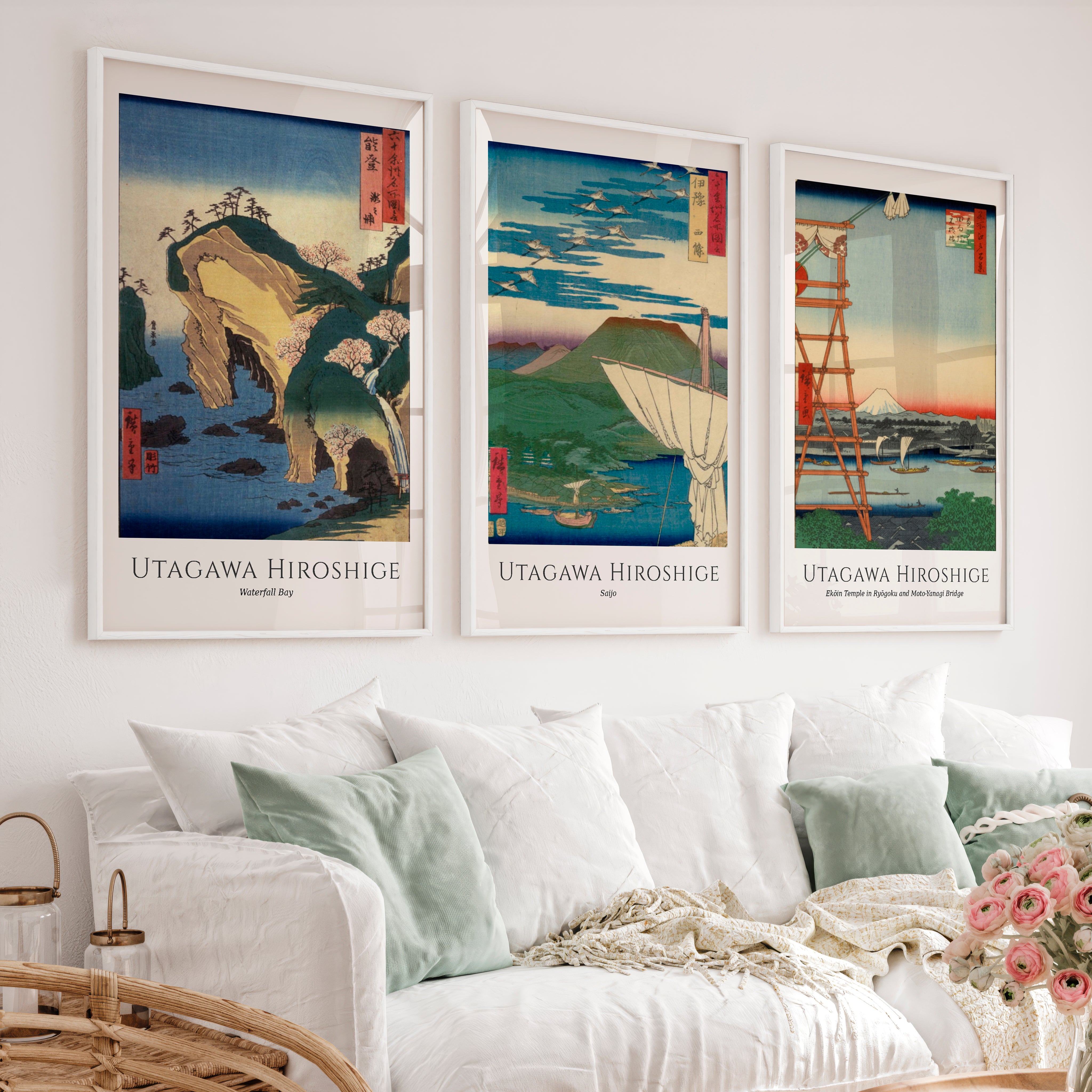 Hiroshige Bay and Fuji Japanese Style Artwork Set - White Framed Poster No Border - Artworksets