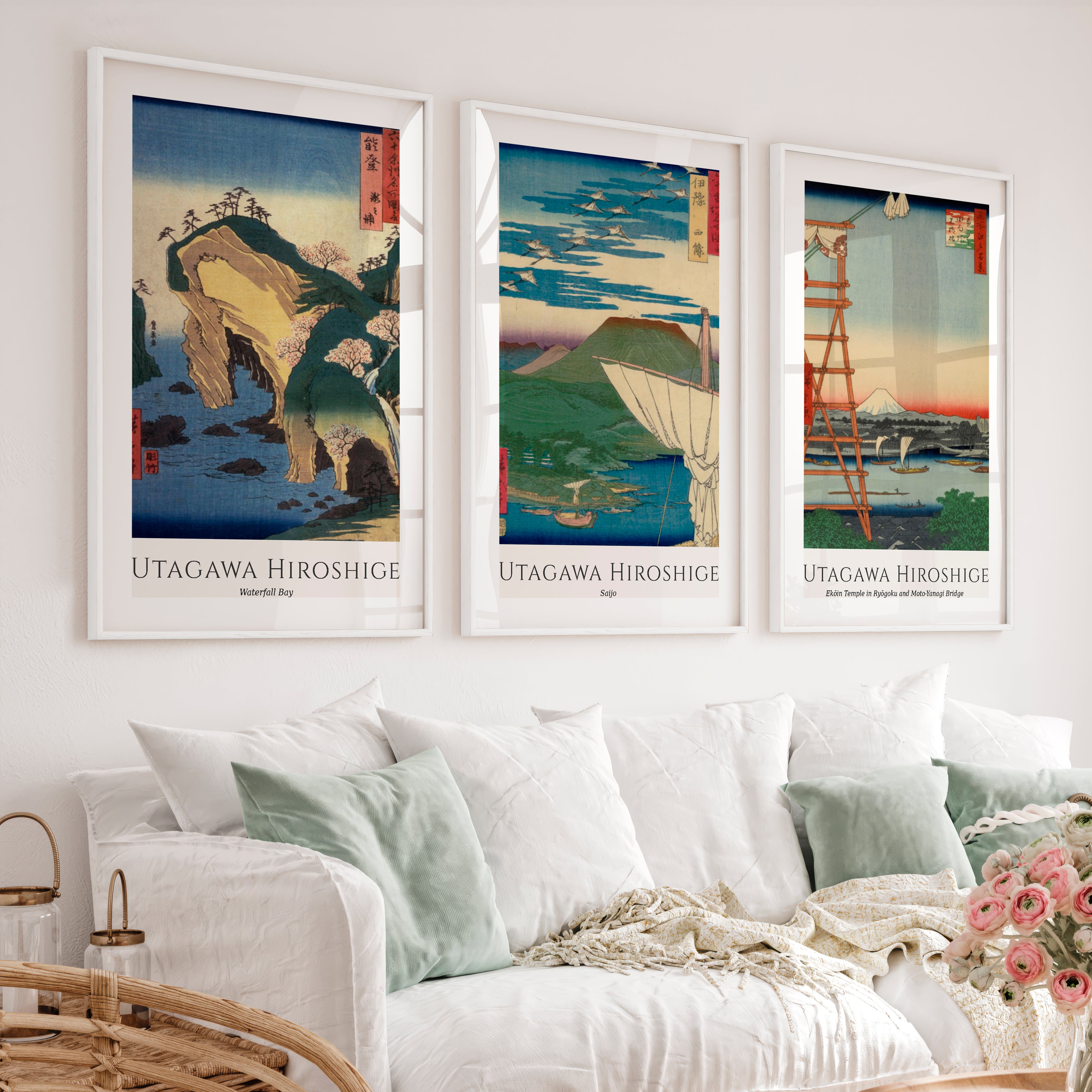 Hiroshige Bay and Fuji Japanese Style Artwork Set - White Framed Poster with White Border - Artworksets