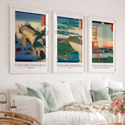 Hiroshige Bay and Fuji Japanese Style Artwork Set - White Framed Poster with White Border - Artworksets
