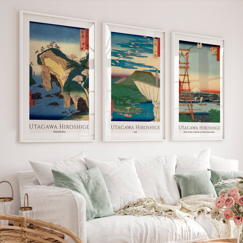 Hiroshige Bay and Fuji Japanese Style Artwork Set - White Framed Poster with White Border - Artworksets