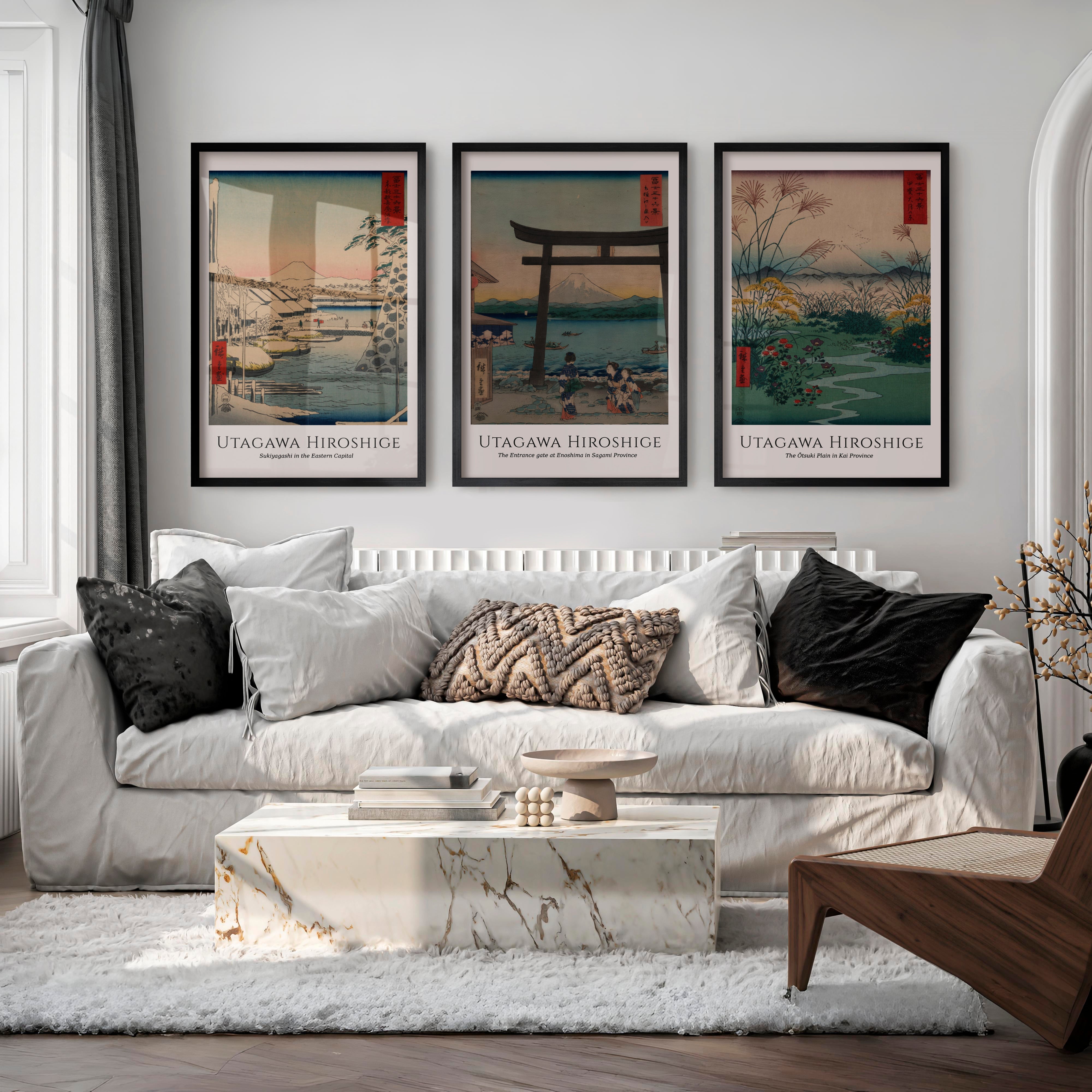 Hiroshige Fuji Japanese Style Poster Set - Black Framed Poster No Border - Artworksets