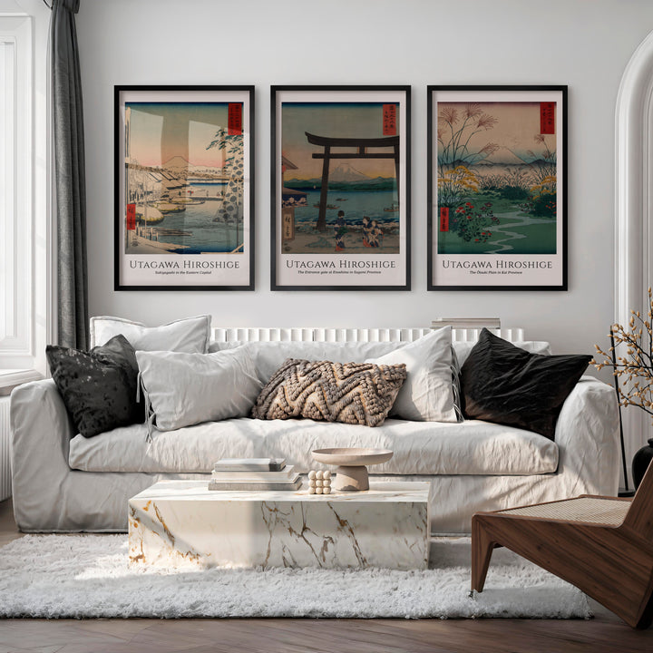 Hiroshige Fuji Japanese Style Poster Set - Black Framed Poster No Border - Artworksets