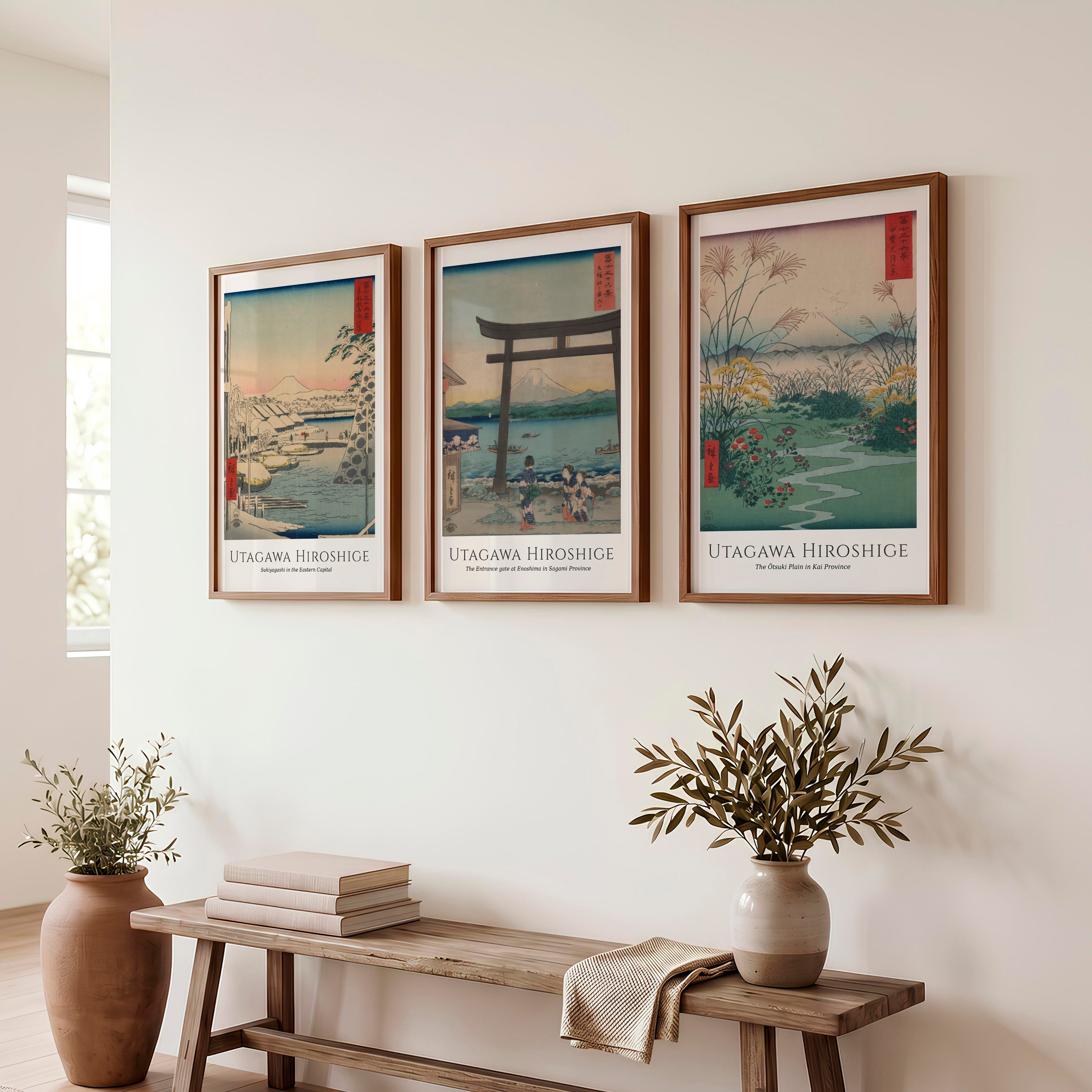 Hiroshige Fuji Japanese Style Poster Set - Dark Brown Framed Poster No Border - Artworksets