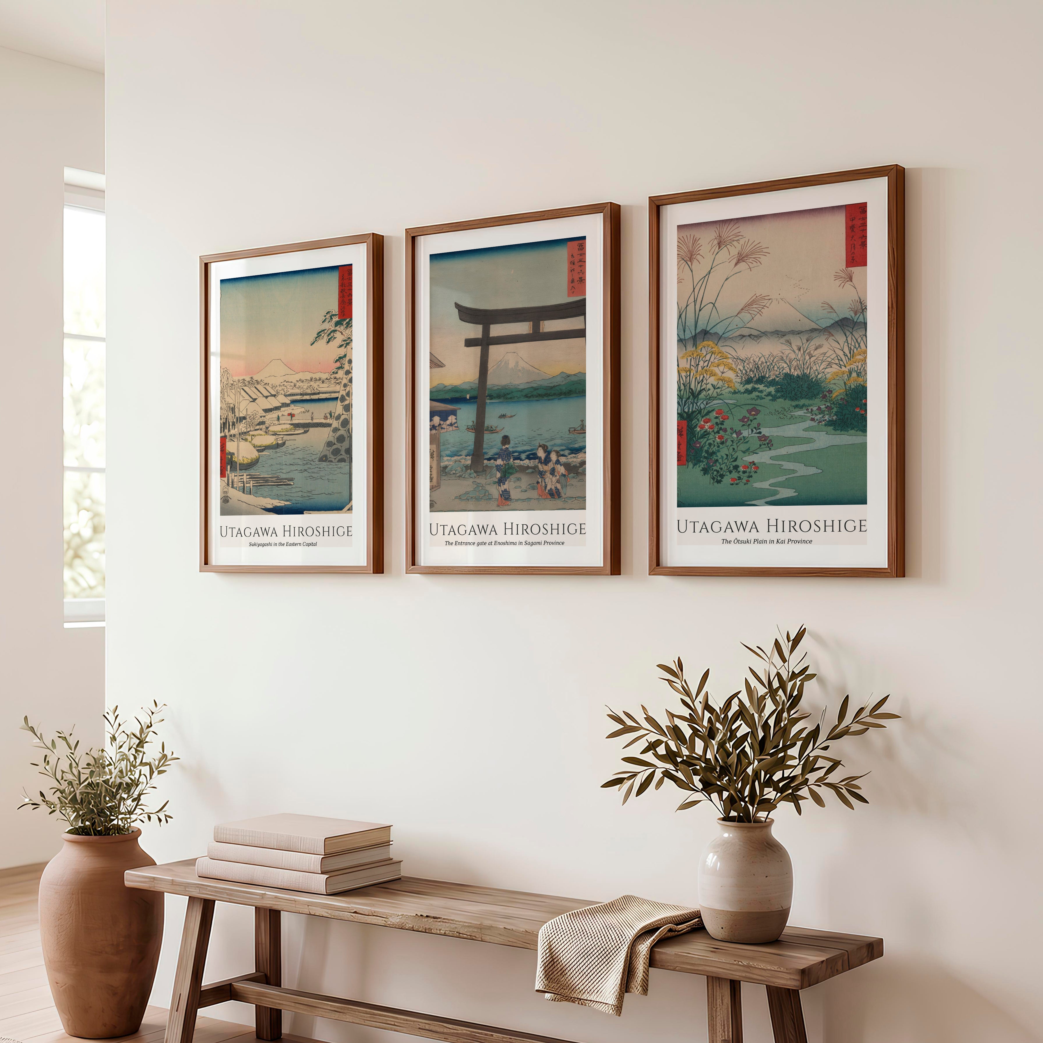 Hiroshige Fuji Japanese Style Poster Set - Dark Brown Framed Poster with White Border - Artworksets