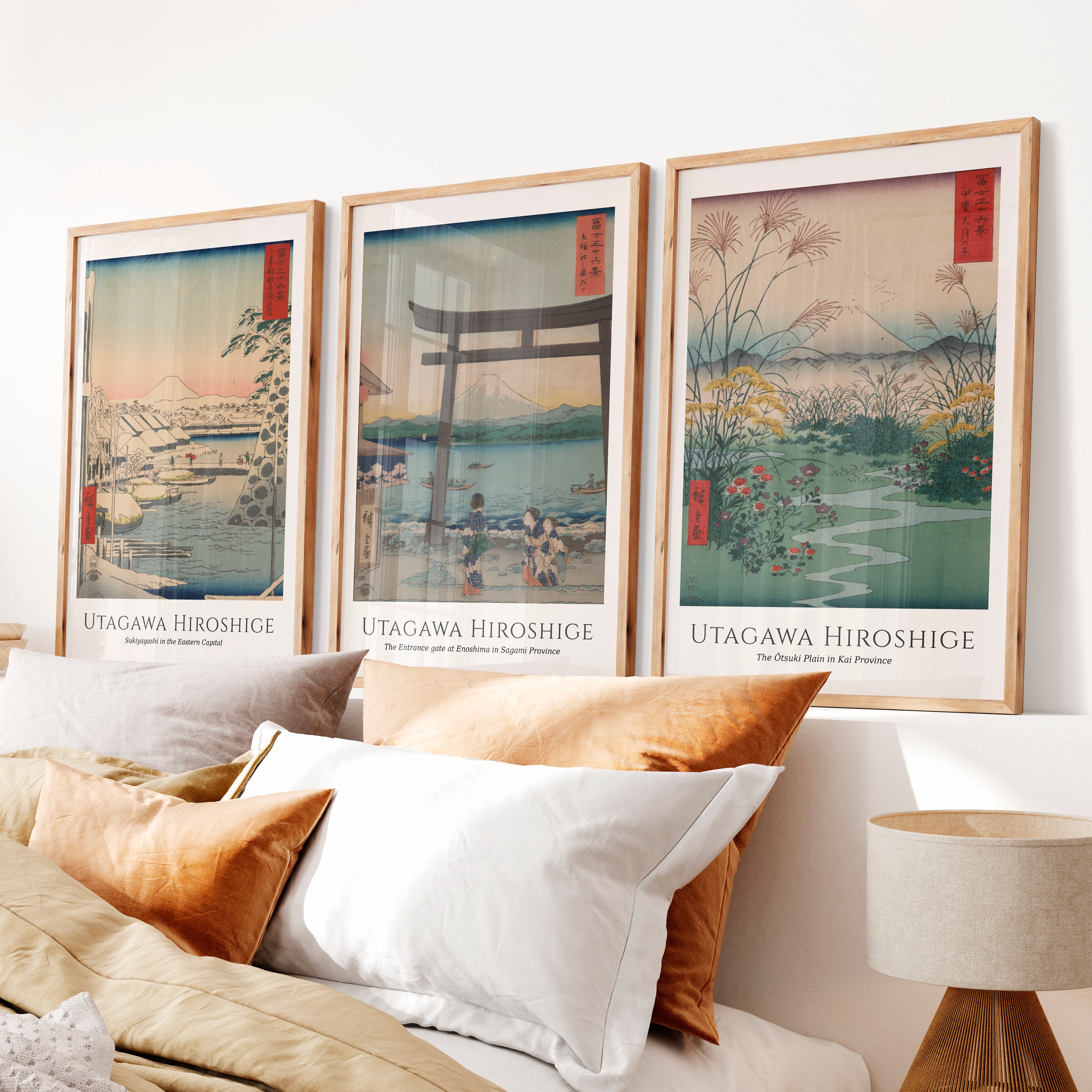 Hiroshige Fuji Japanese Style Poster Set - Natural Wood Framed Poster No Border - Artworksets