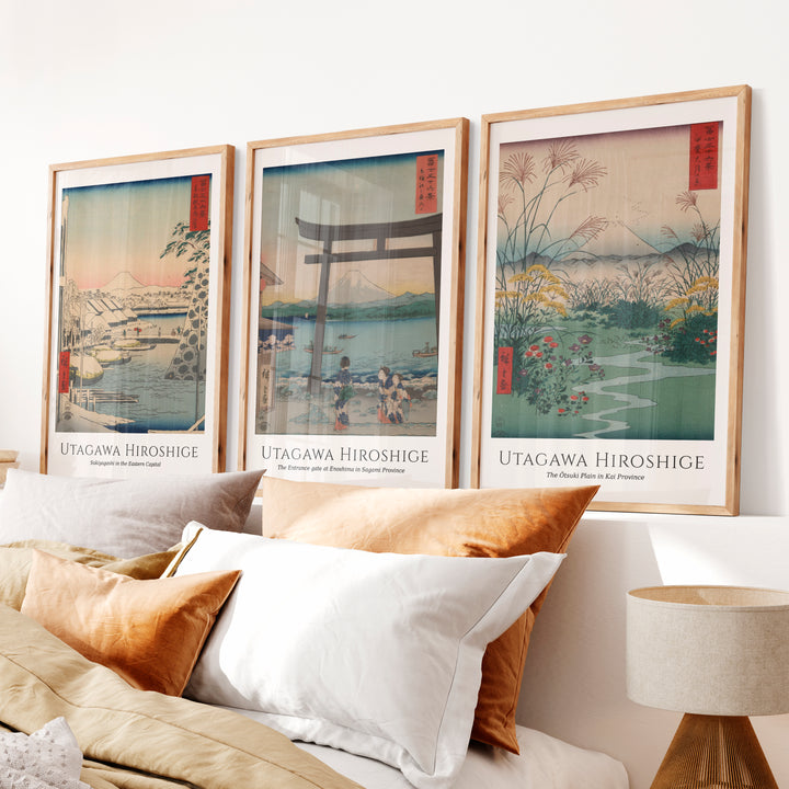 Hiroshige Fuji Japanese Style Poster Set - Natural Wood Framed Poster No Border - Artworksets