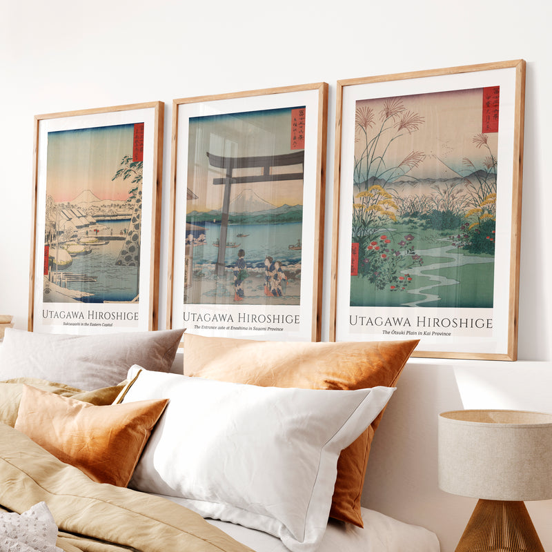 Hiroshige Fuji Japanese Style Poster Set- Natural Wood Framed Poster with White Border - Artworksets