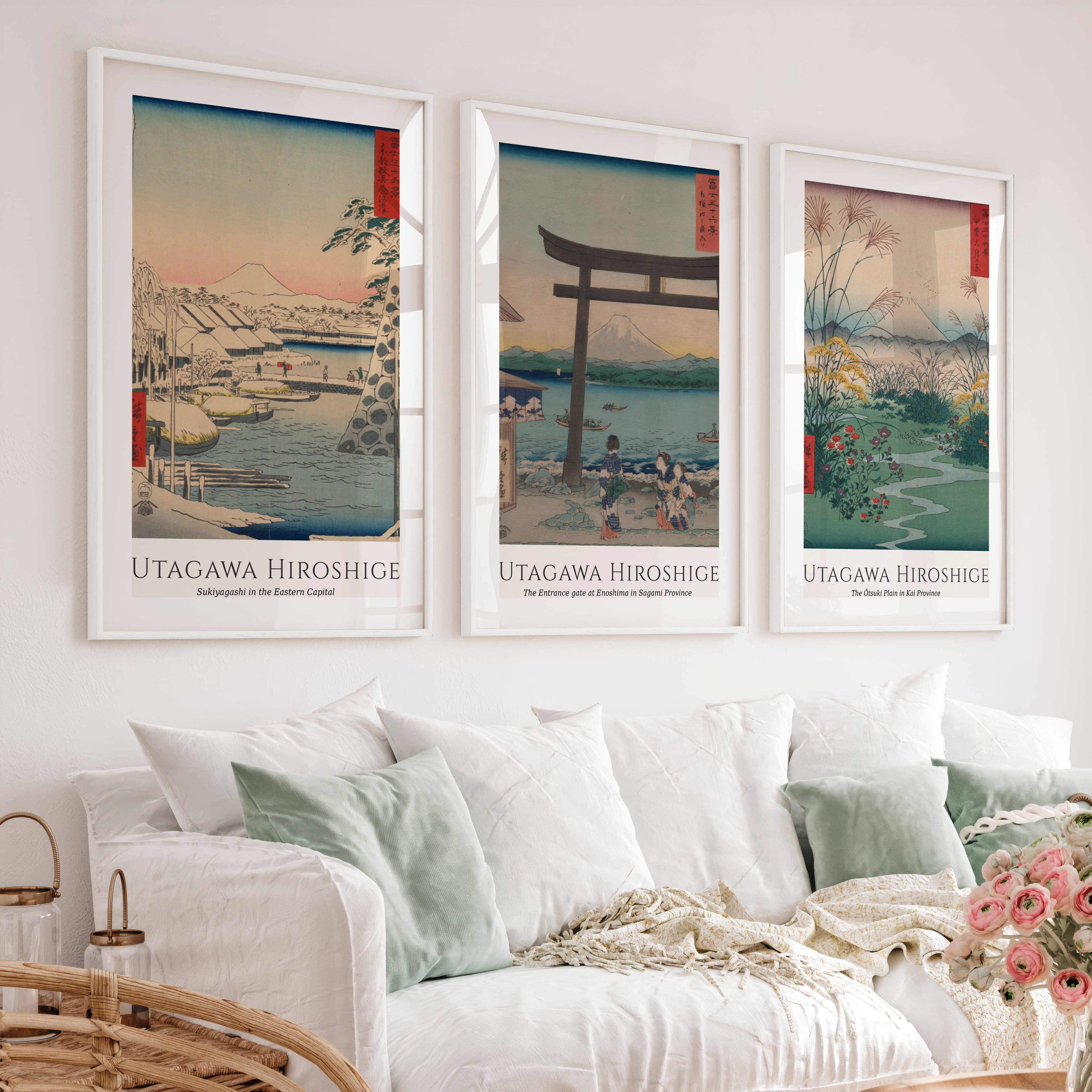 Hiroshige Fuji Japanese Style Poster Set - White Framed Poster with White Border - Artworksets