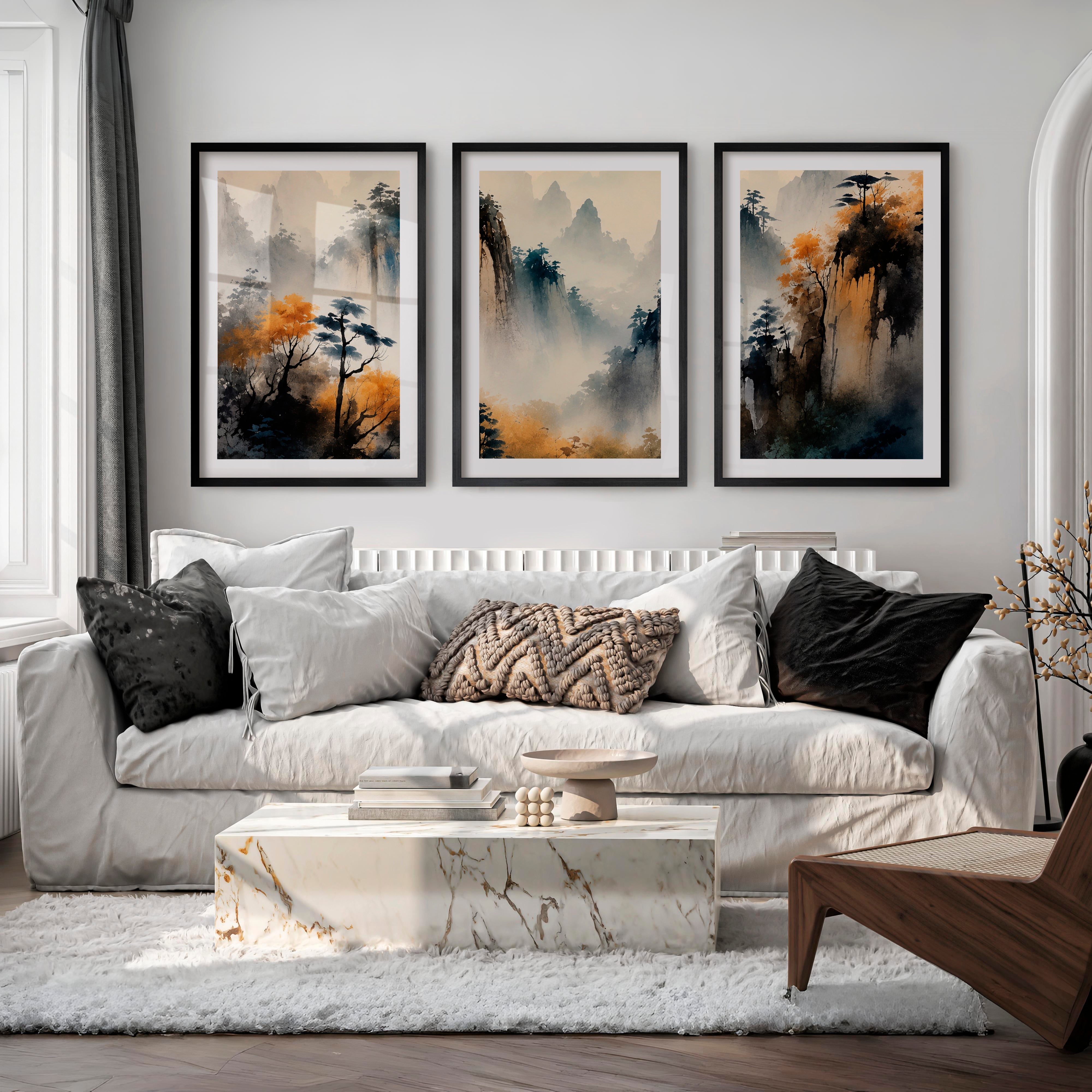 Elegant Japanese Style Wall Art Featuring Cranes and Full Moon - Black Framed Poster with White Border - Artworksets