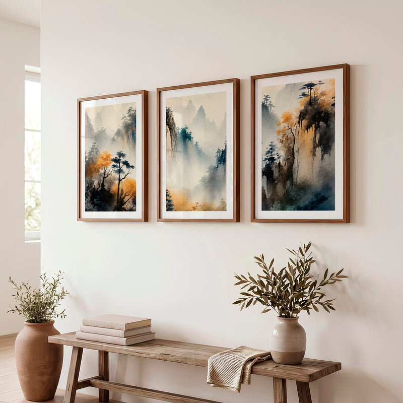 Elegant Japanese Style Wall Art Featuring Cranes and Full Moon - Dark Brown Framed Poster with White Border - Artworksets