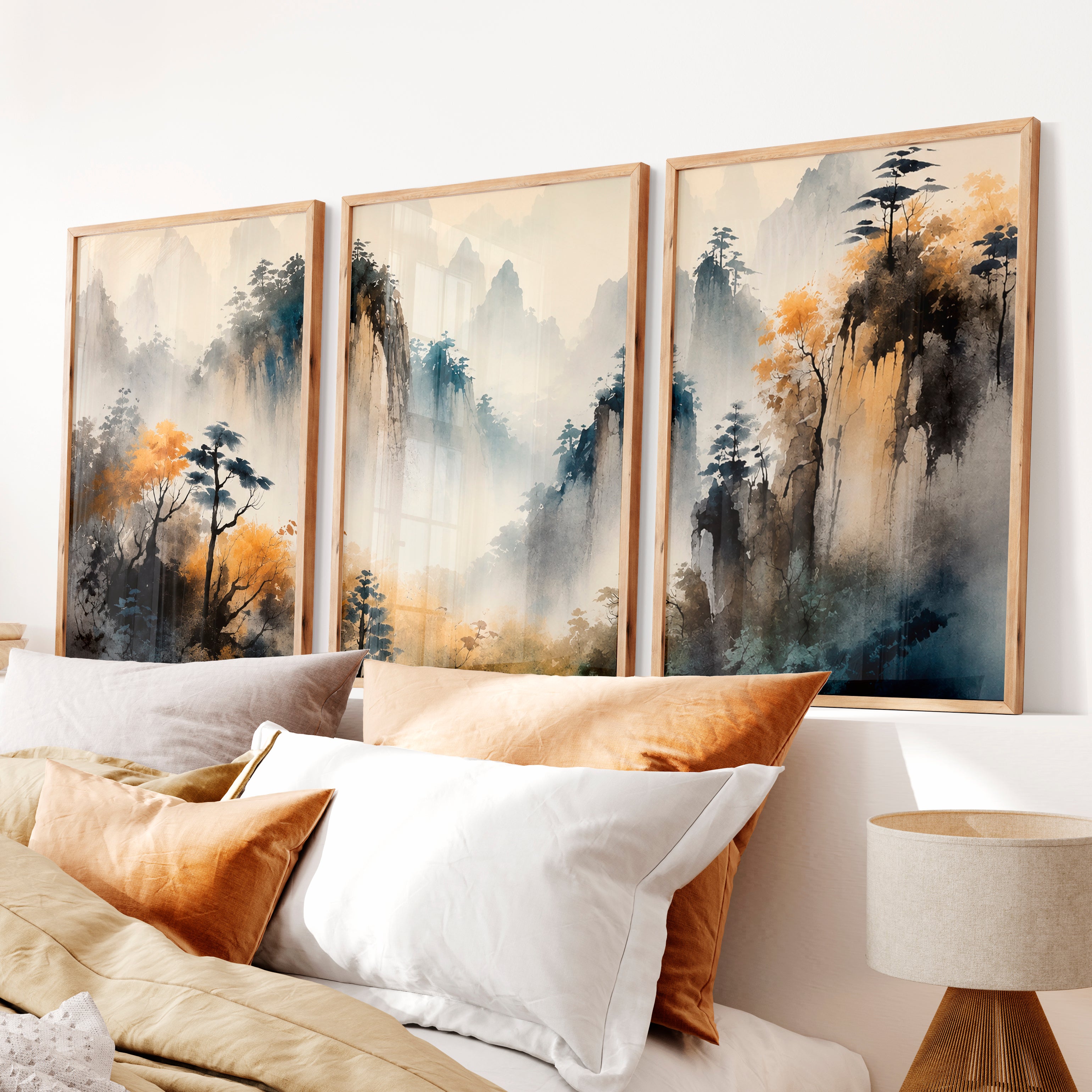 Elegant Japanese Style Wall Art Featuring Cranes and Full Moon - Natural Wood Framed Poster No Border - Artworksets