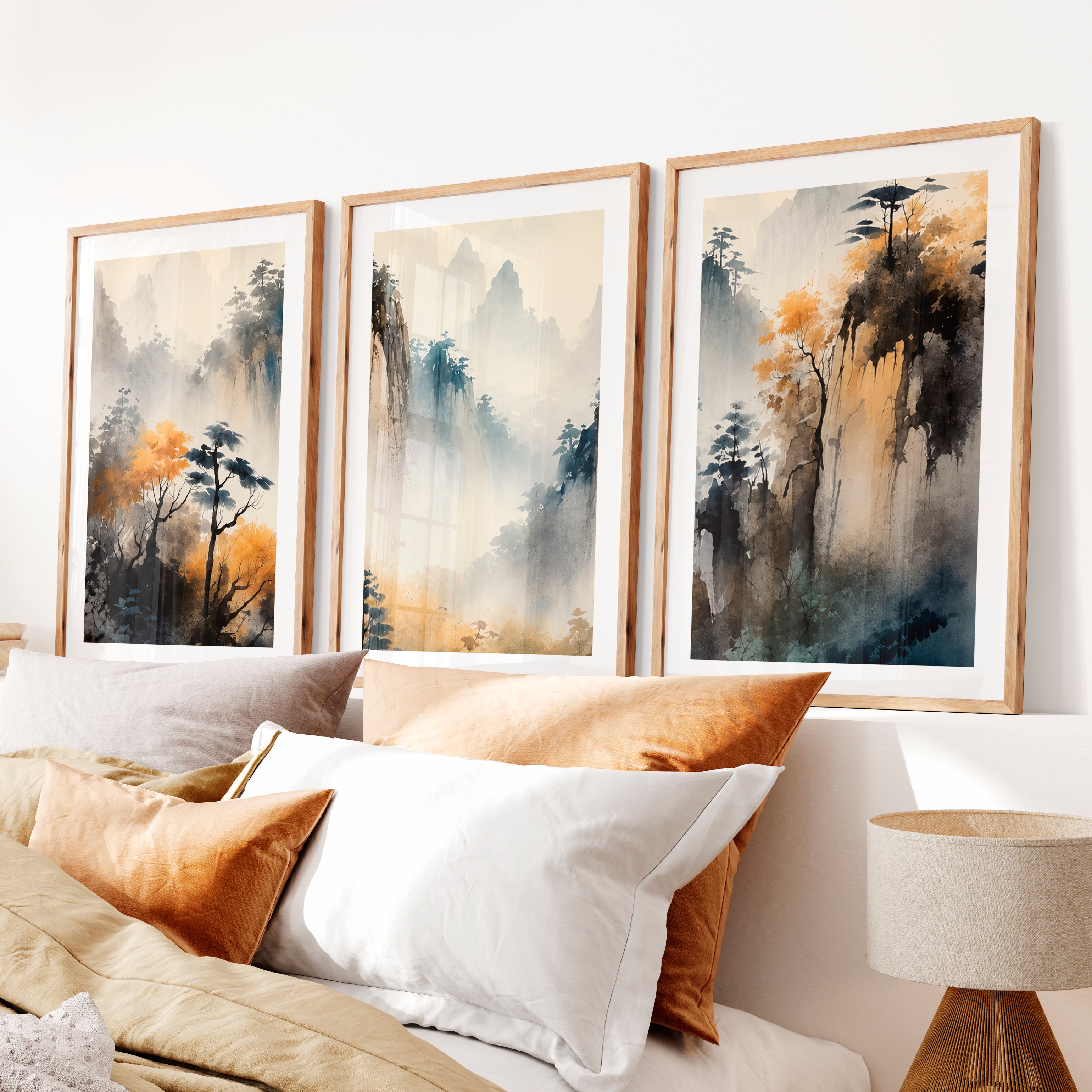 Elegant Japanese Style Wall Art Featuring Cranes and Full Moon- Natural Wood Framed Poster with White Border - Artworksets